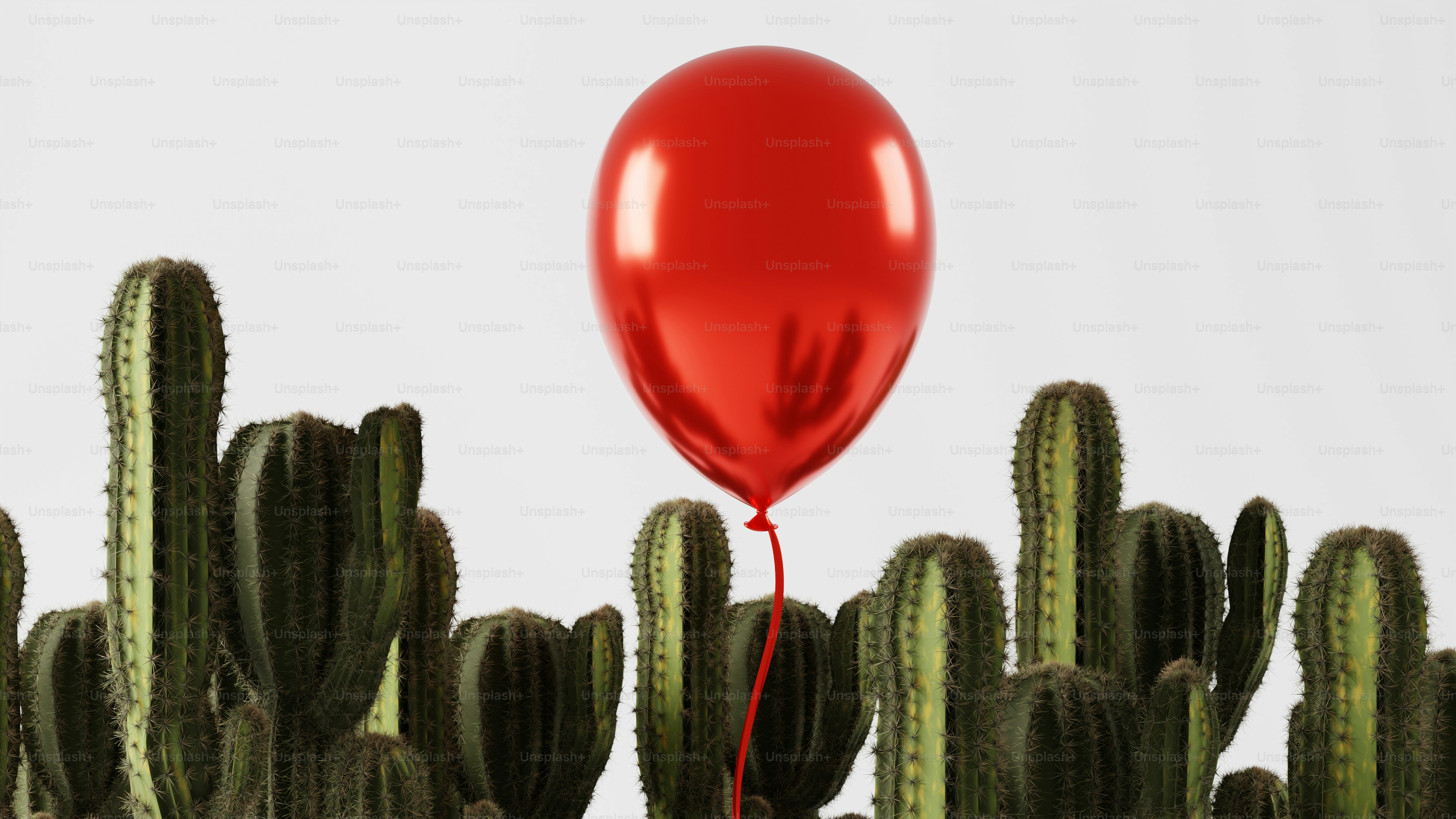 Balon merah melayang di atas kaktus