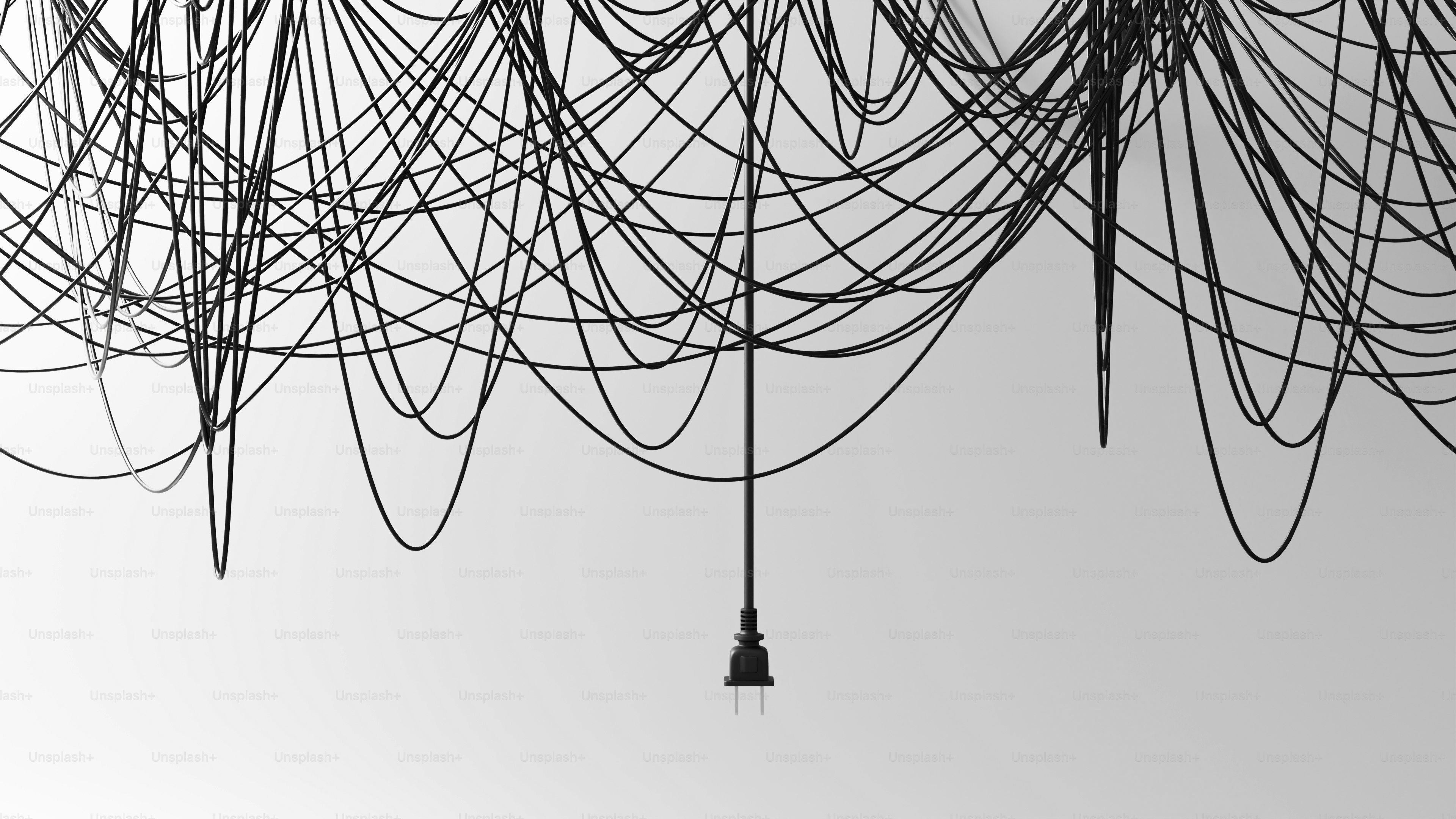Kusut abstrak garis hitam dengan satu bola lampu menggantung