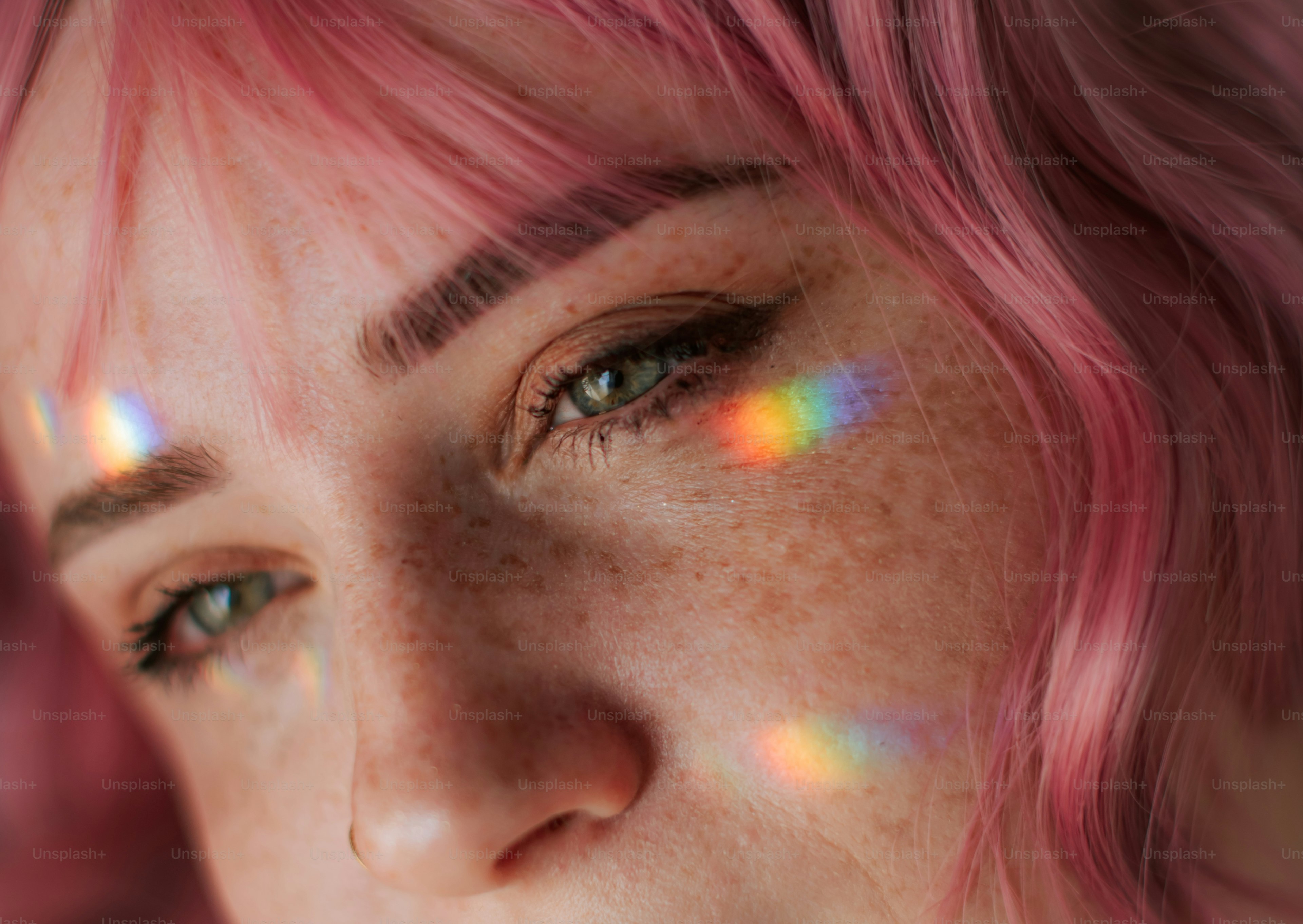 Wanita dengan rambut merah muda dan cahaya pelangi di wajah