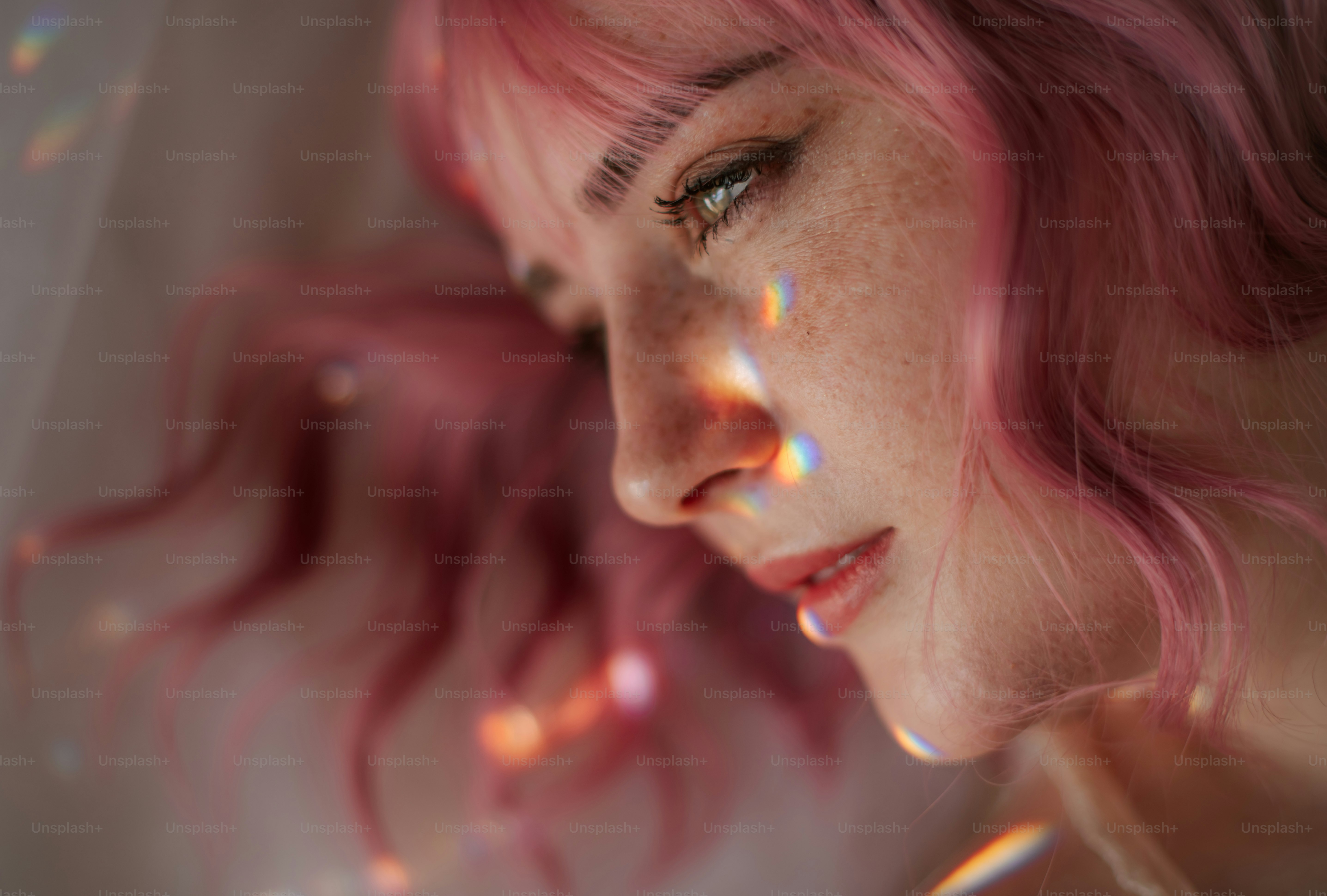 Wanita muda dengan rambut merah muda dan bintik-bintik, diterangi oleh cahaya.