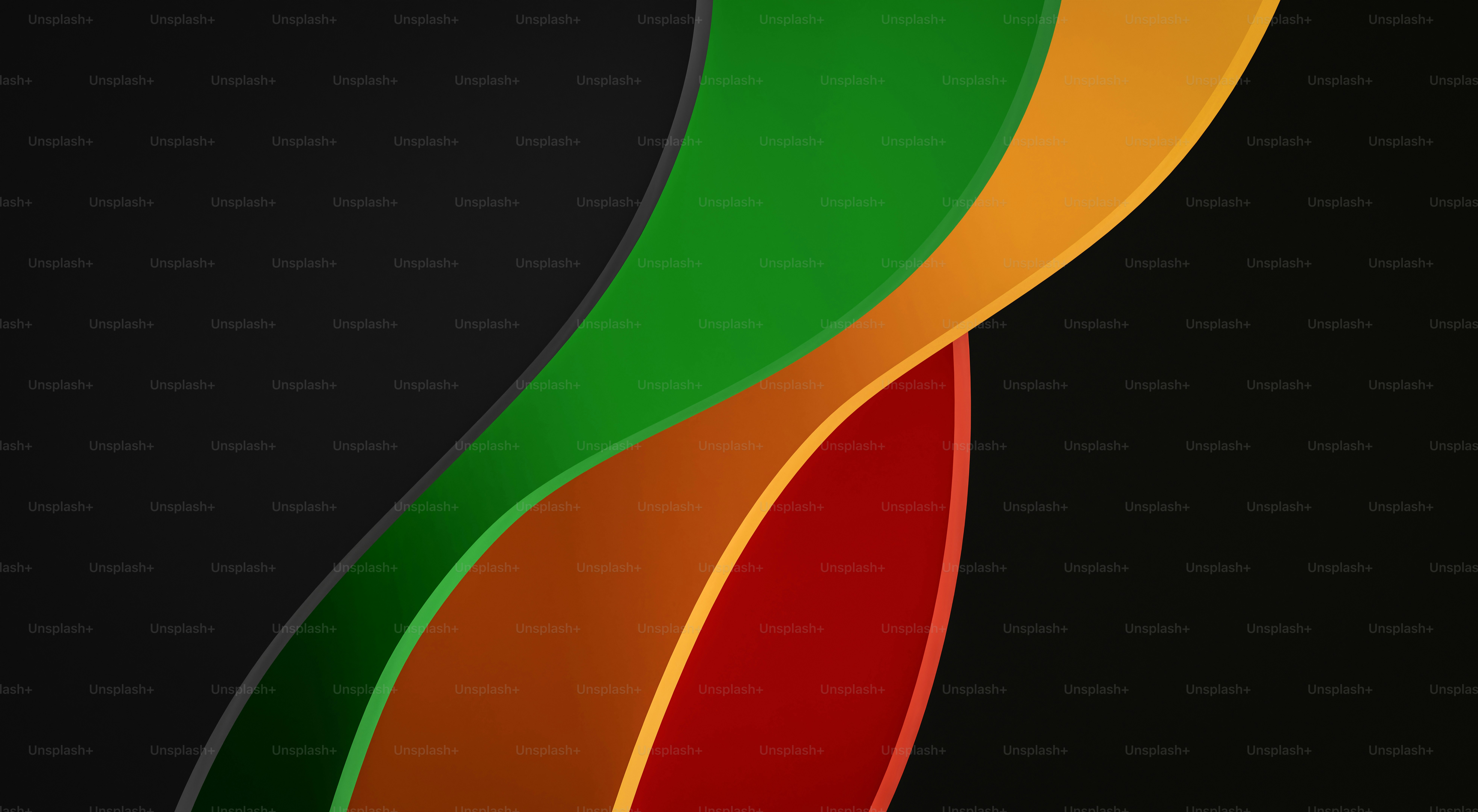 Bandas abstractas fluidas de verde, naranja y rojo sobre negro