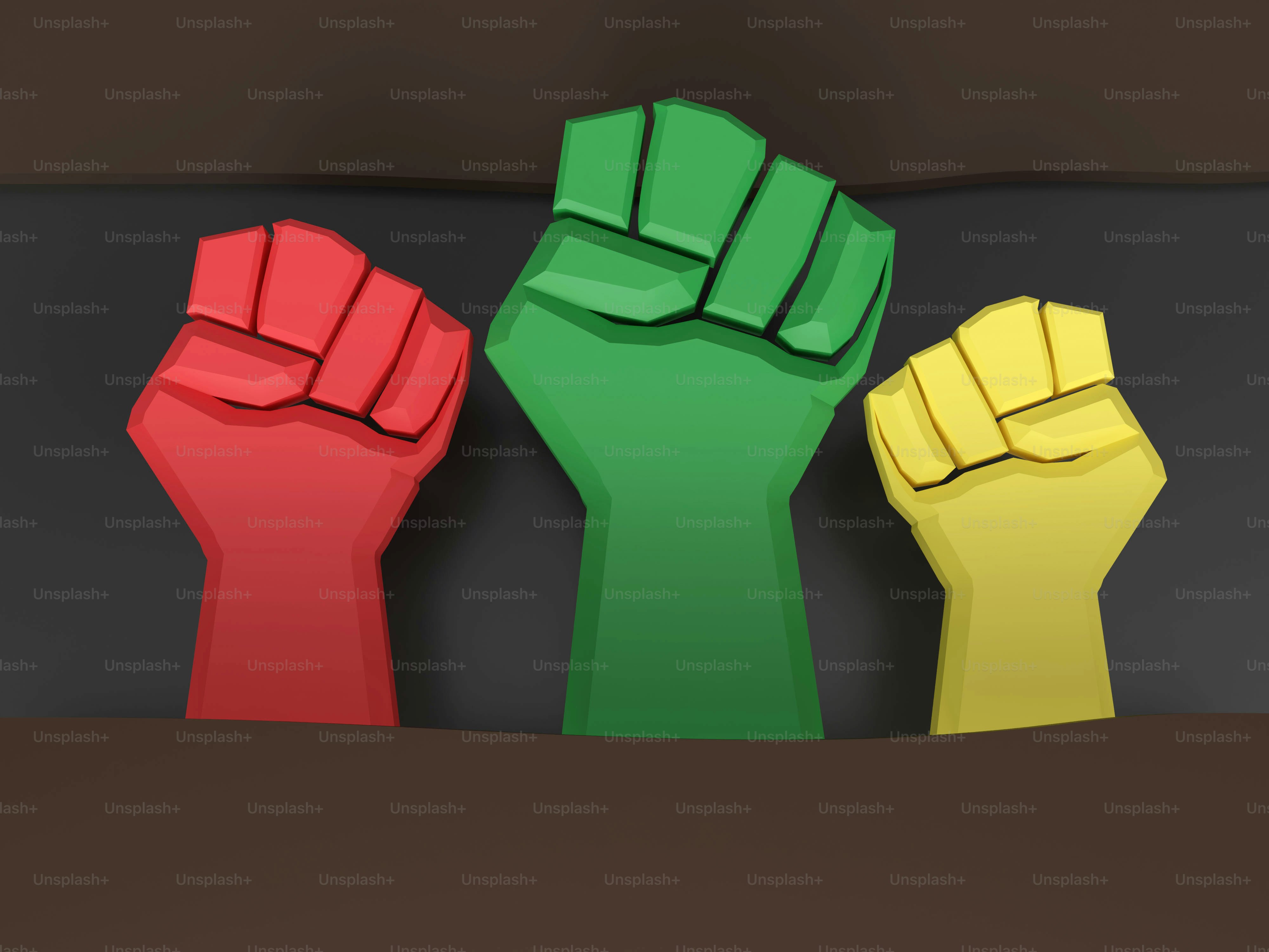 빨강, 초록, 노랑 세 개의 들어 올린 주먹.