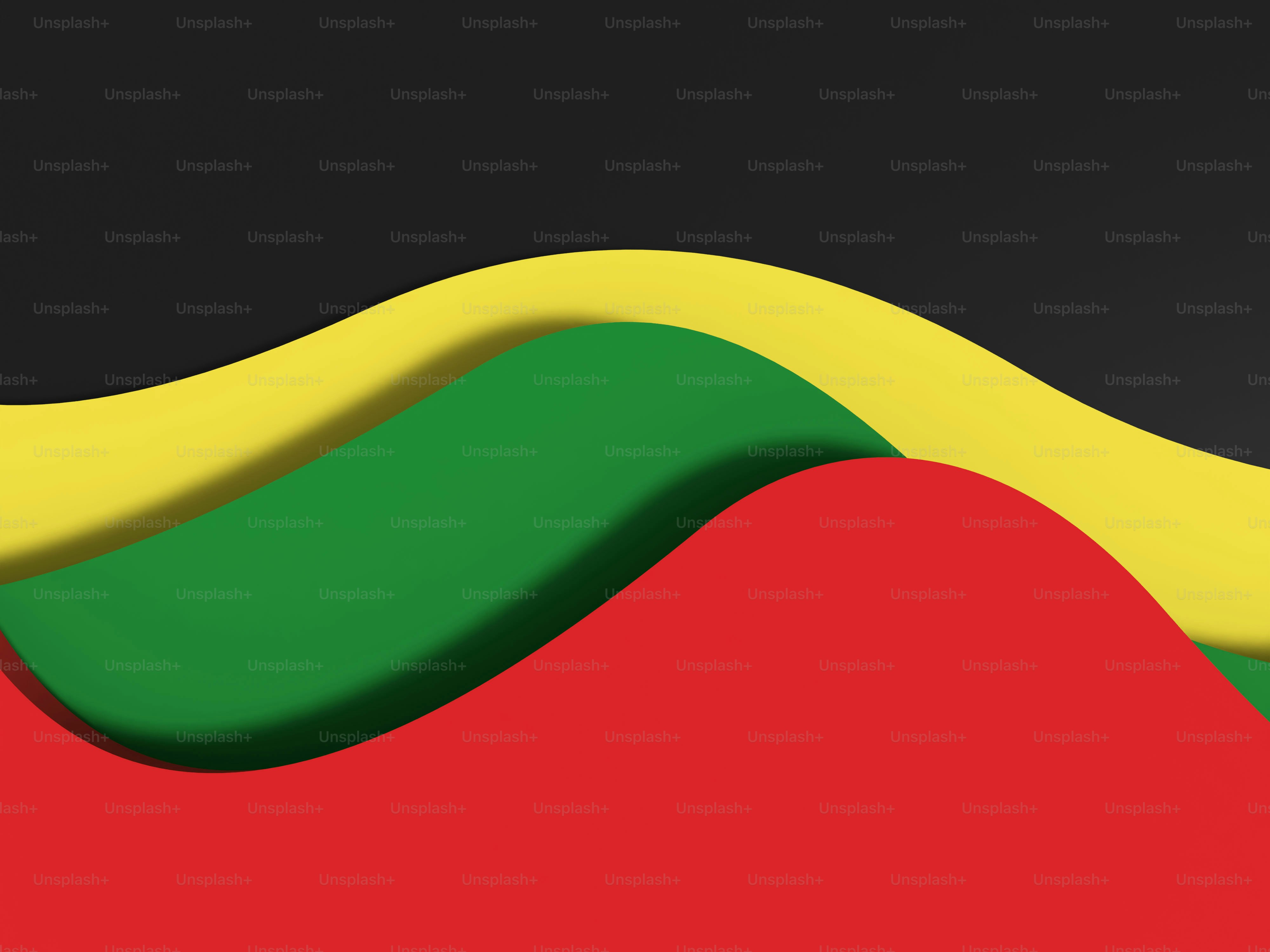 빨강, 초록, 노랑, 검은색의 추상적인 물결 모양 층들.