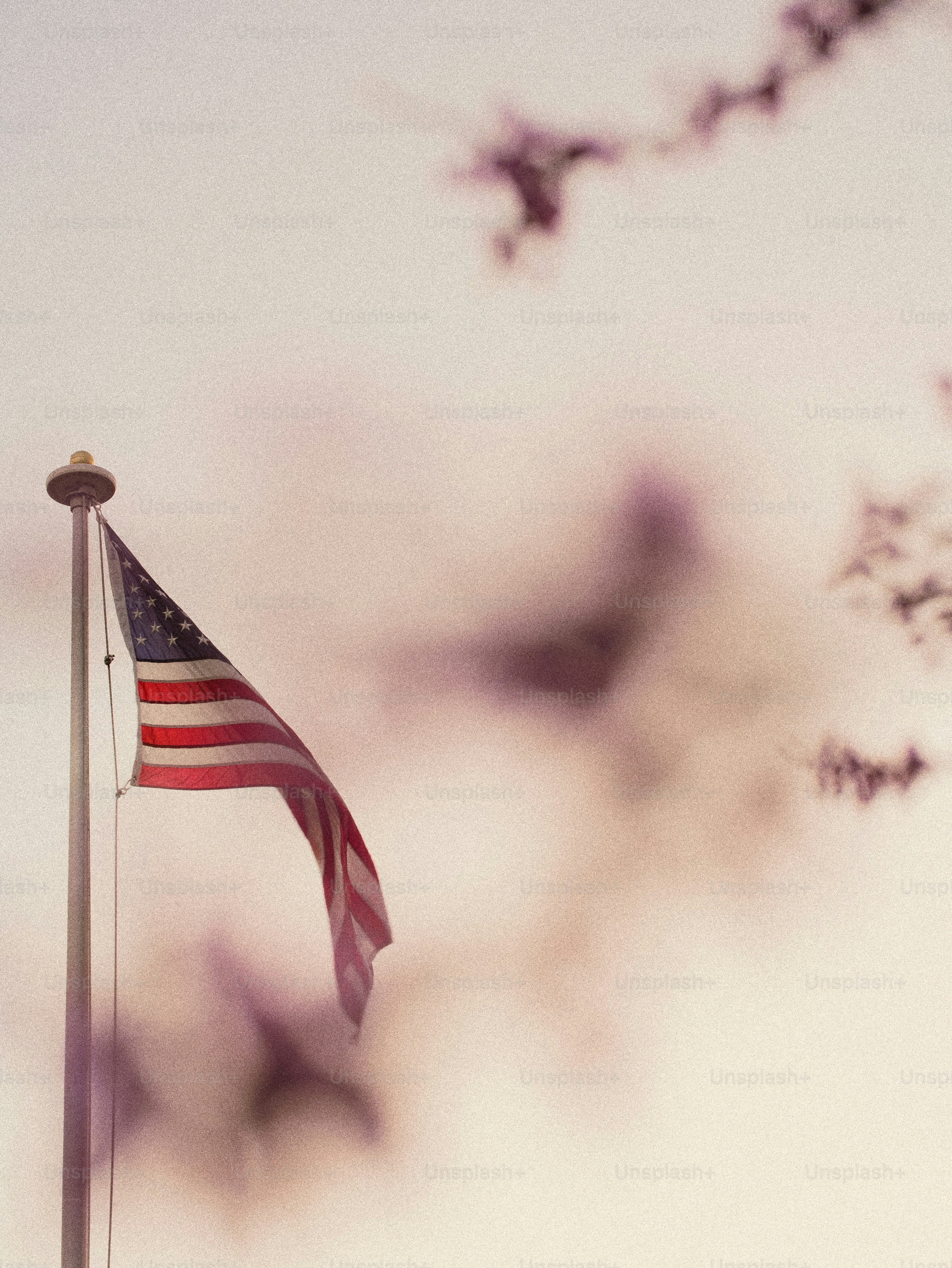 Drapeau américain flottant sur un mât contre un ciel nuageux
