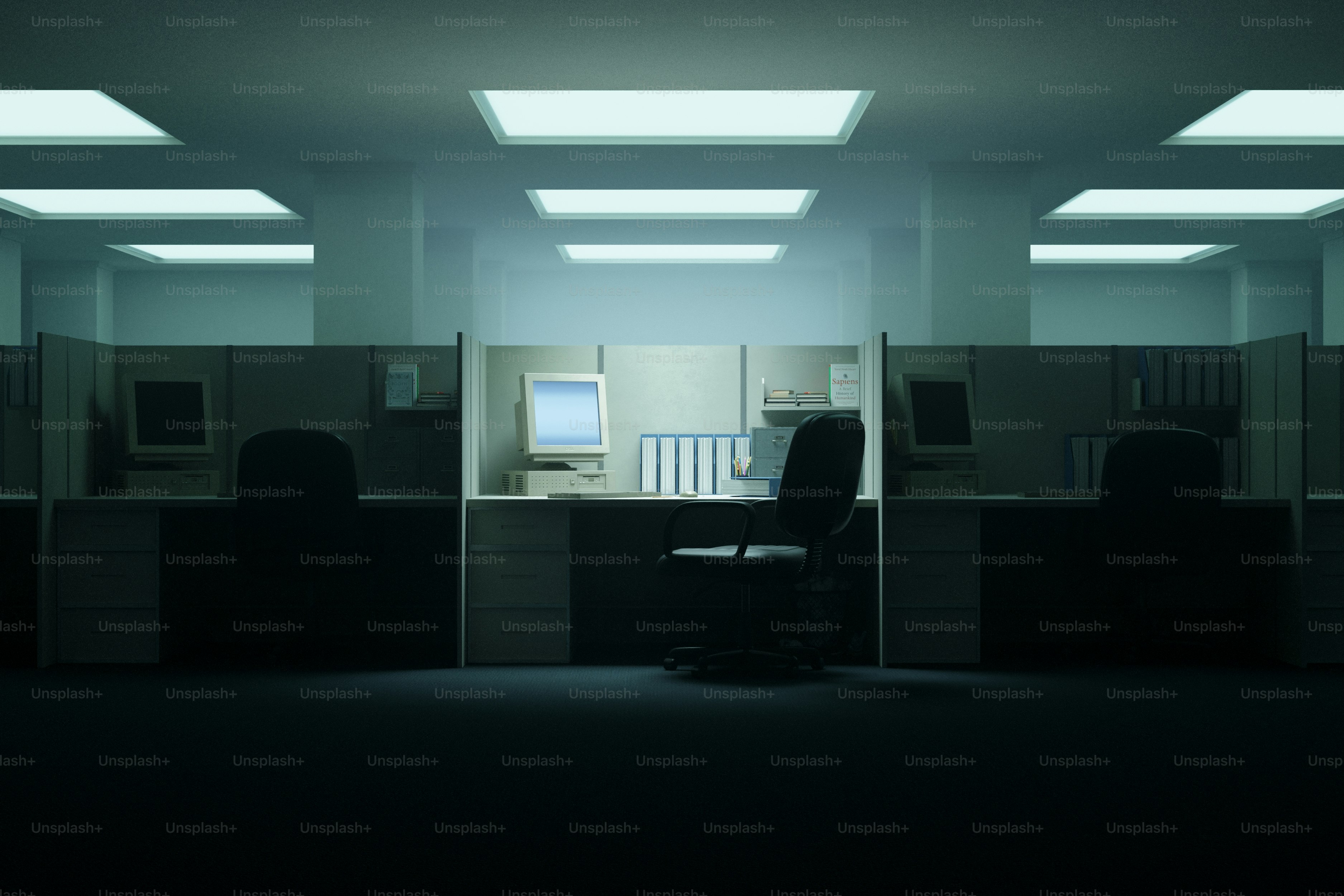 Empty office cubicles with computers and chairs.