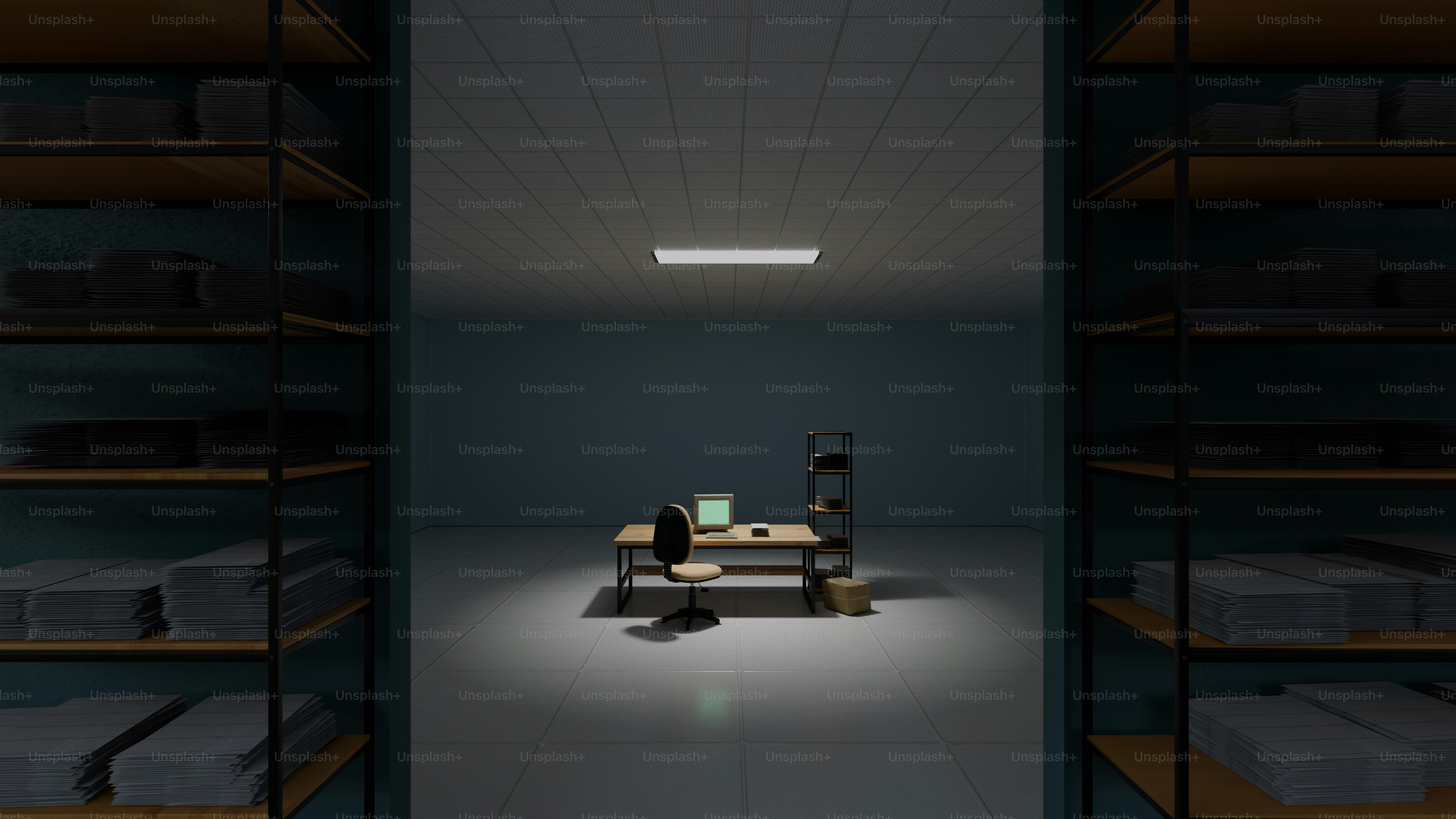 Una scrivania con un computer in una stanza poco illuminata.