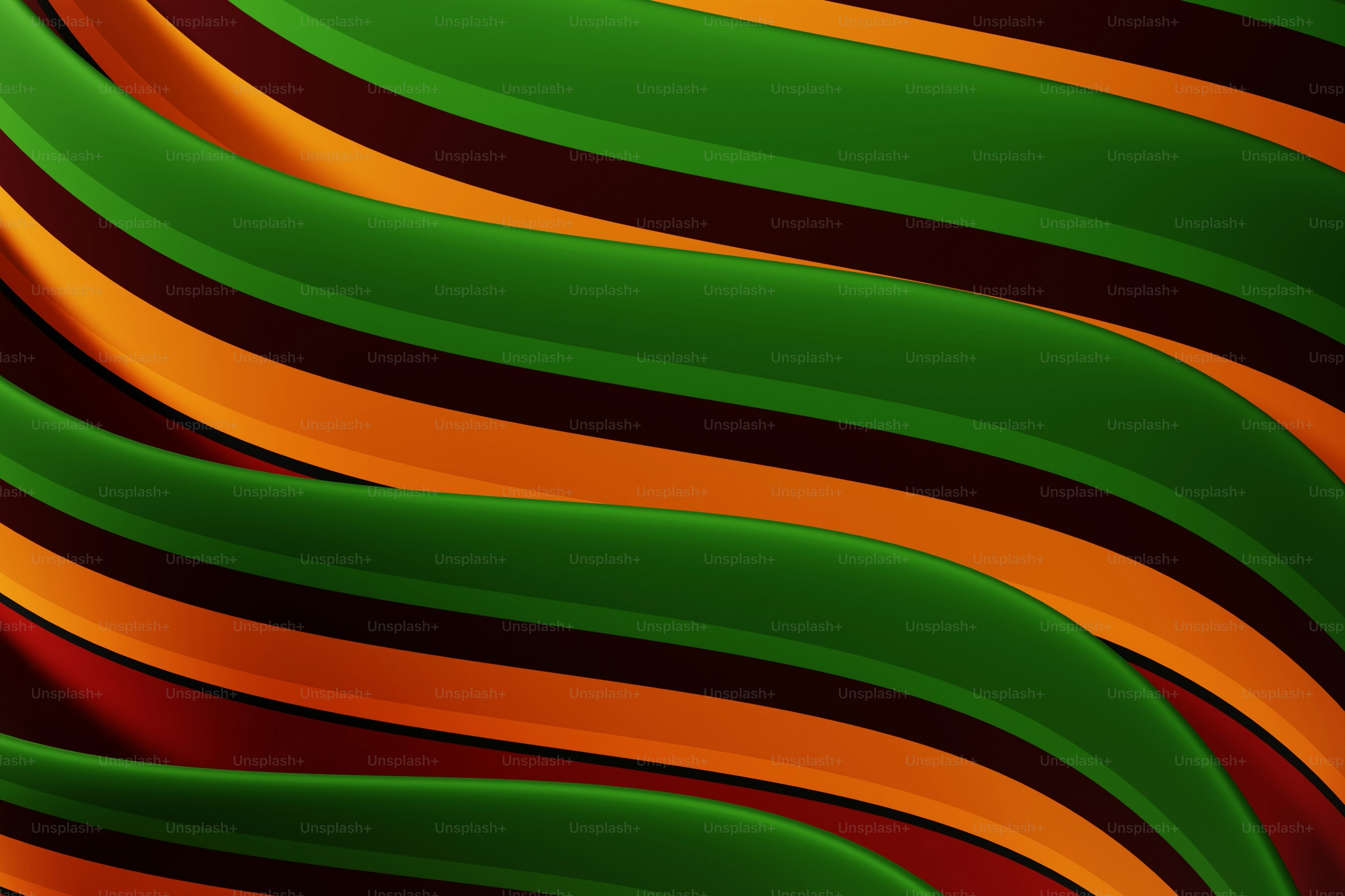 초록, 주황, 짙은 빨강의 추상적인 물결 줄무늬.