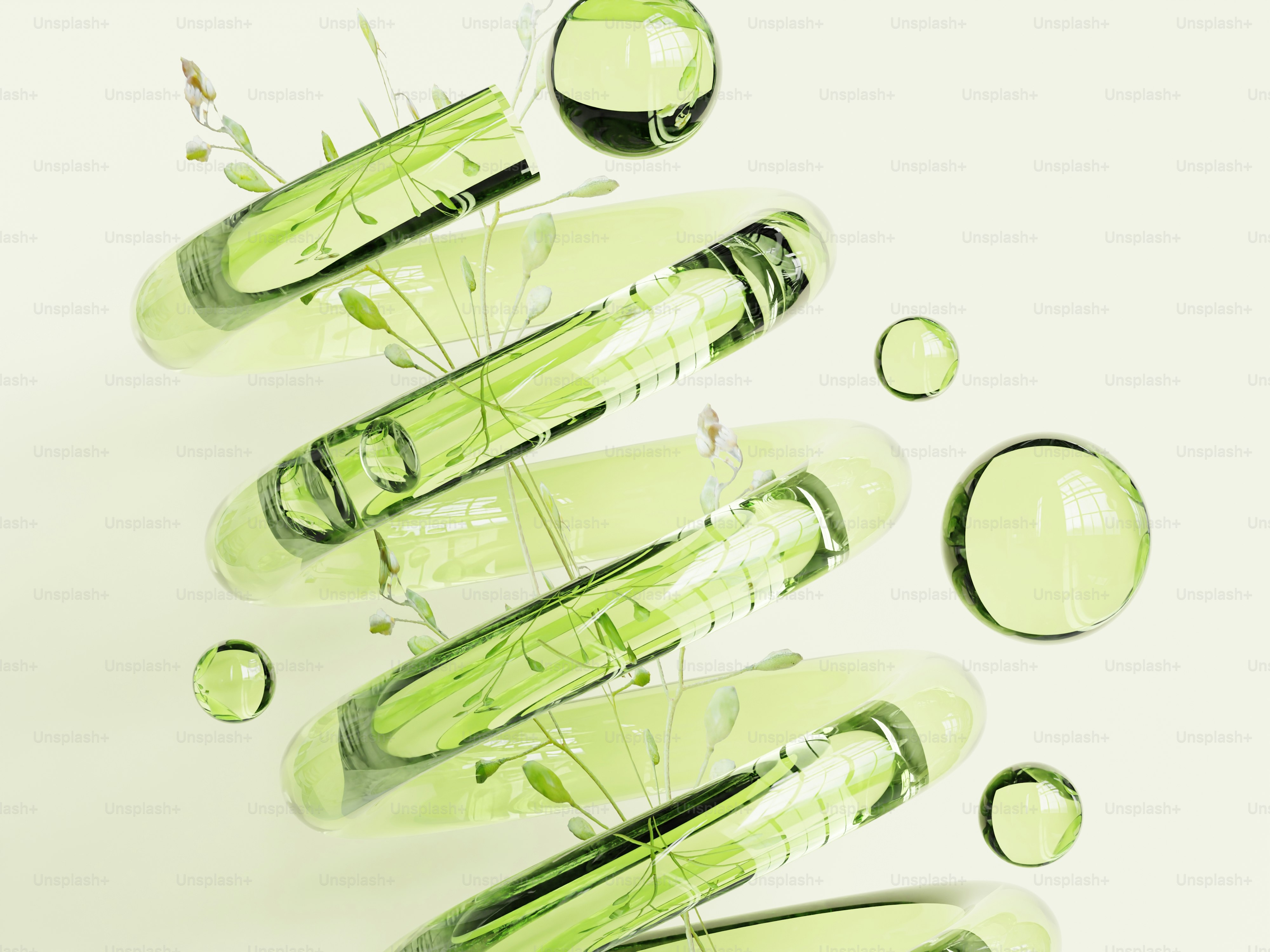 Green helical structure with water droplets and plants