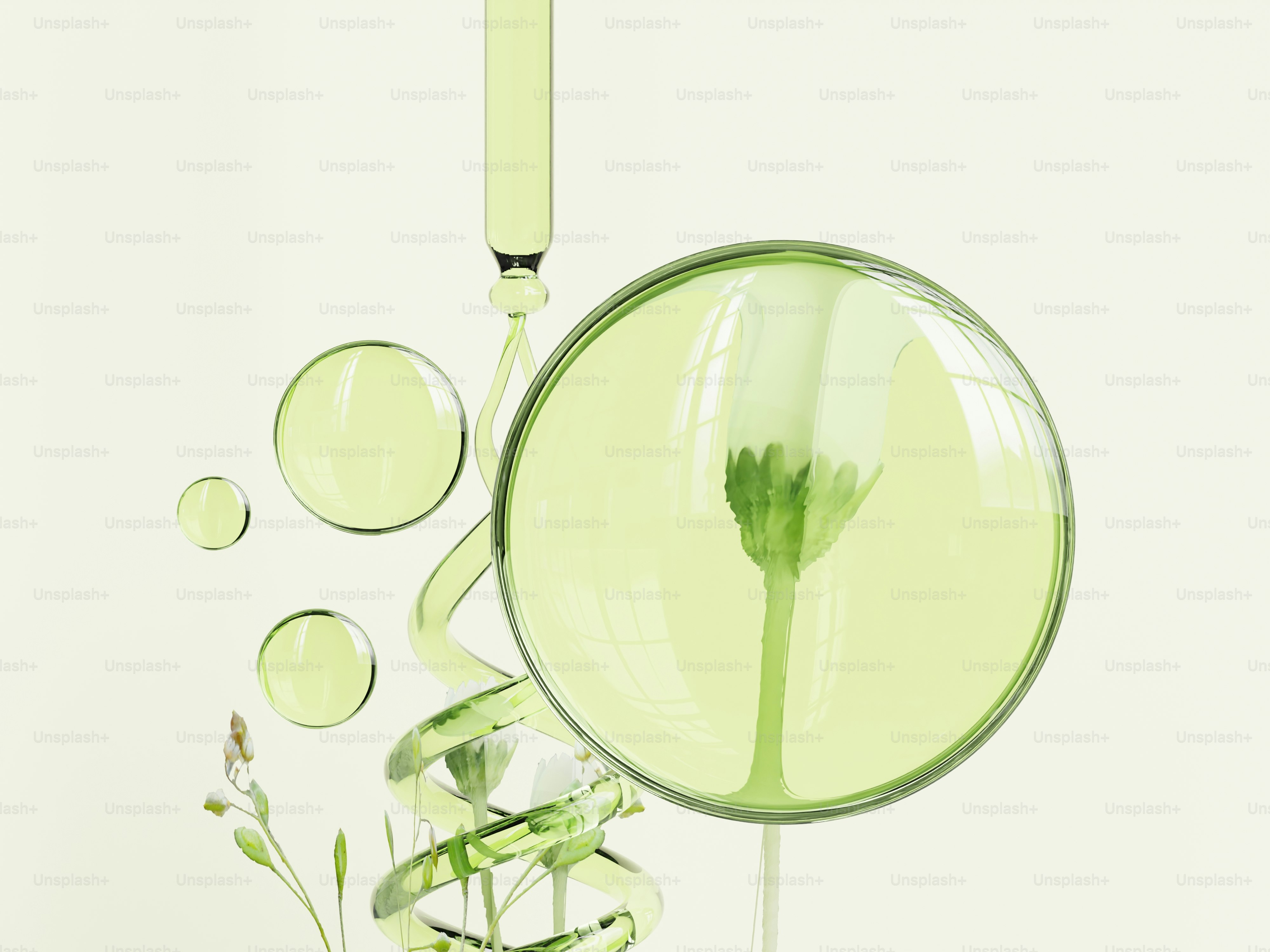 Green liquid swirls around a flower bud in glass.