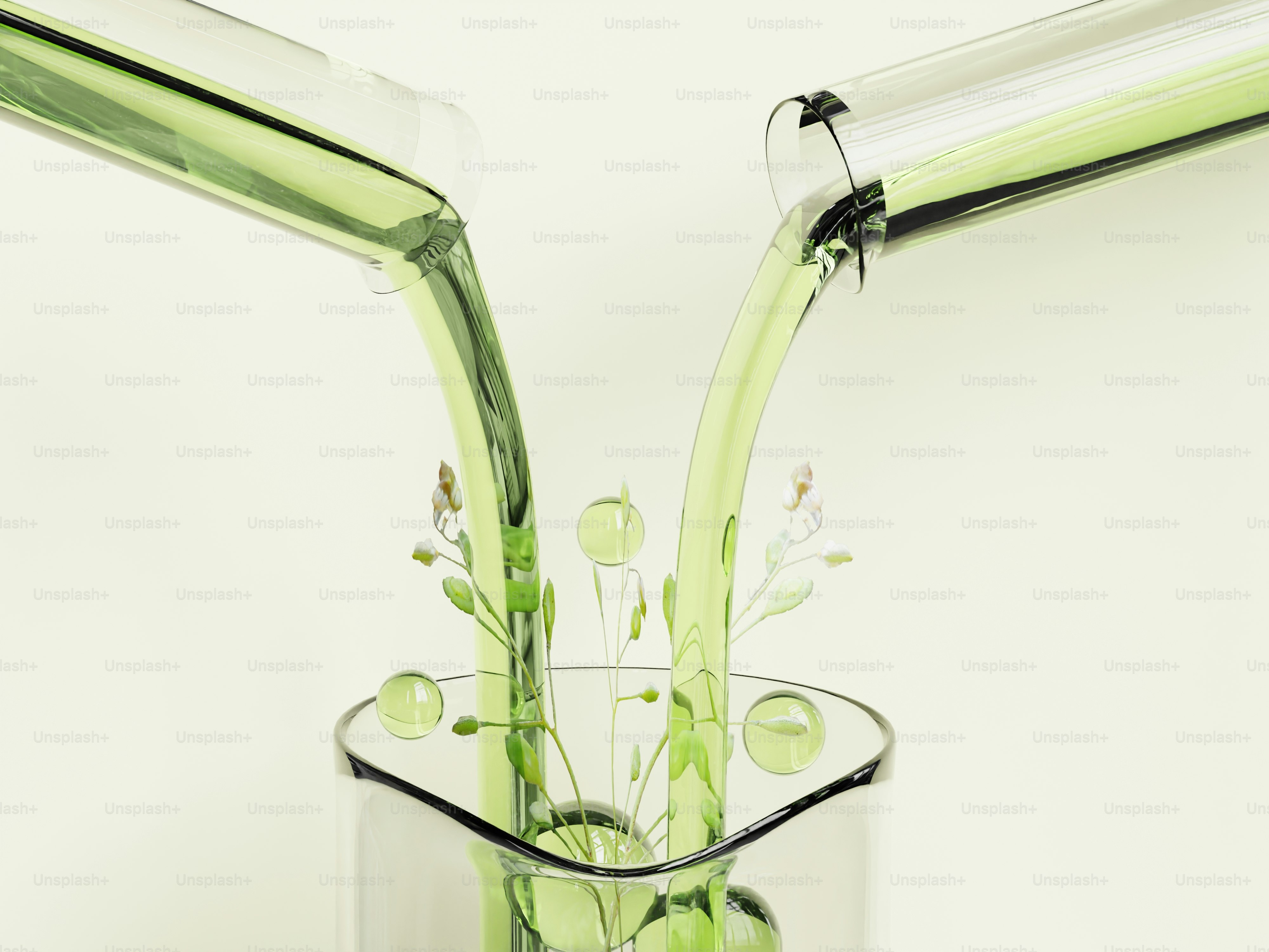 緑色の液体が植物の入ったビーカーに注いでいる