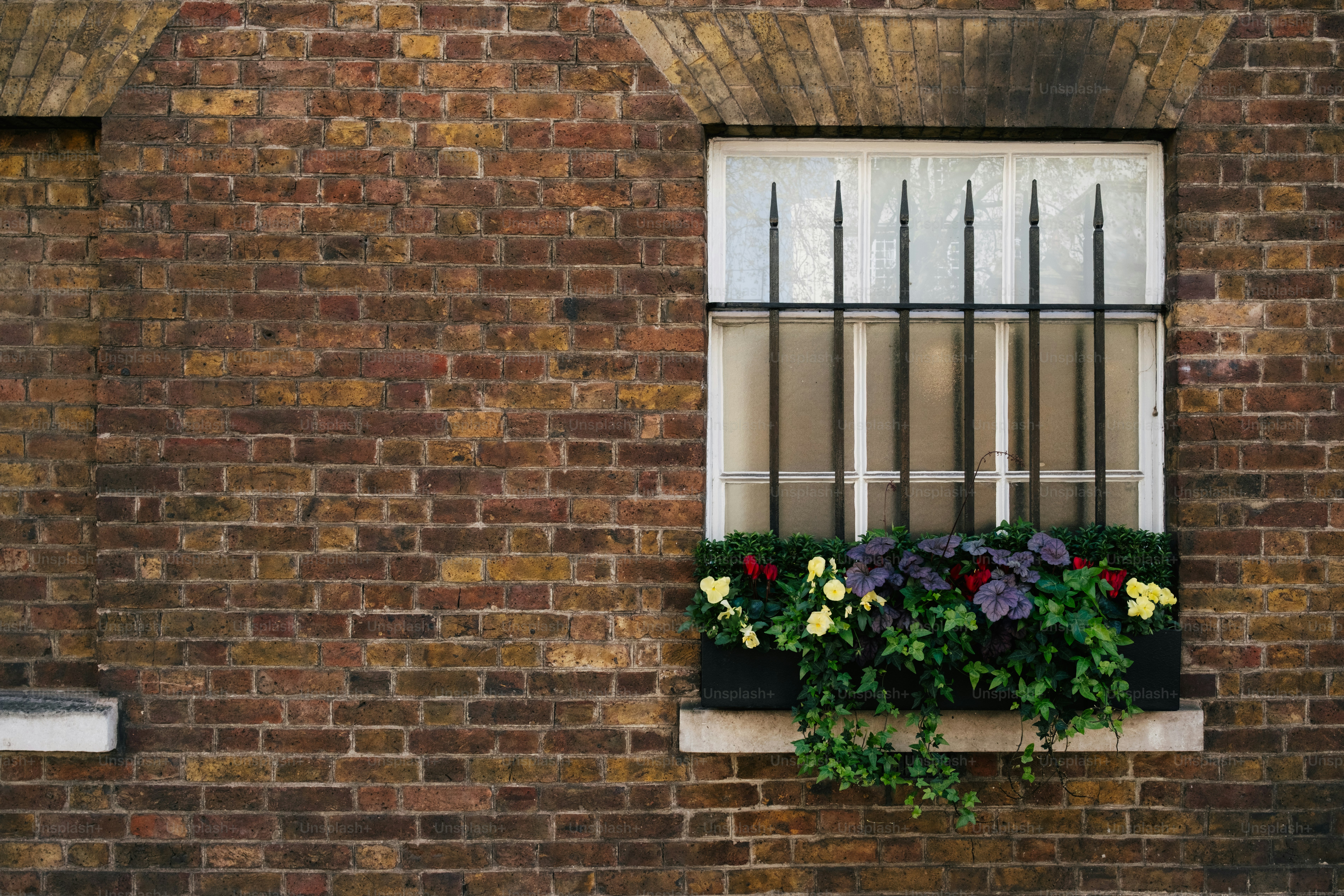 A window with a flower box on a brick wall photo – Flowers Image on ...
