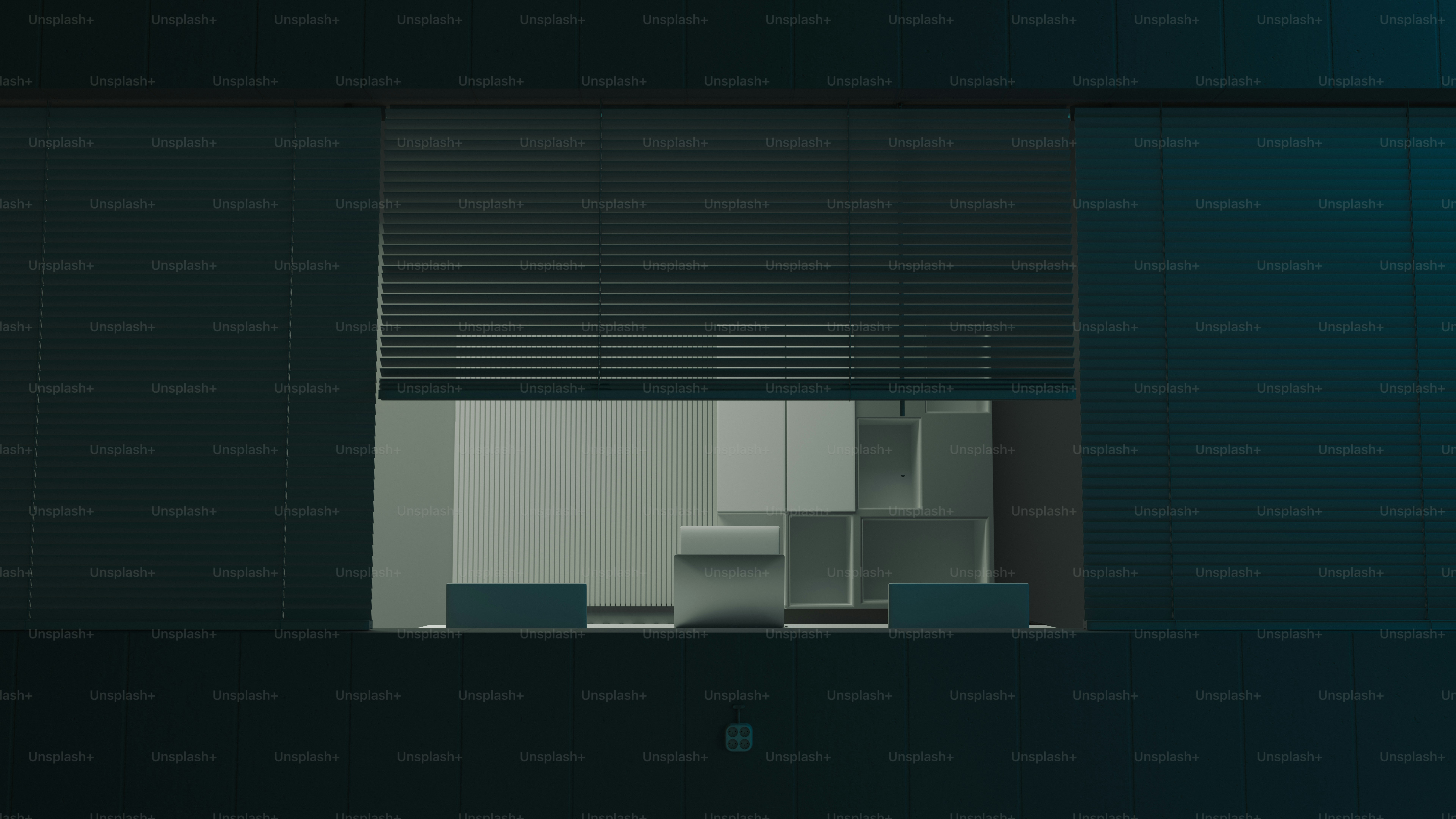 기하학적 선반과 블라인드가 있는 현대적인 인테리어