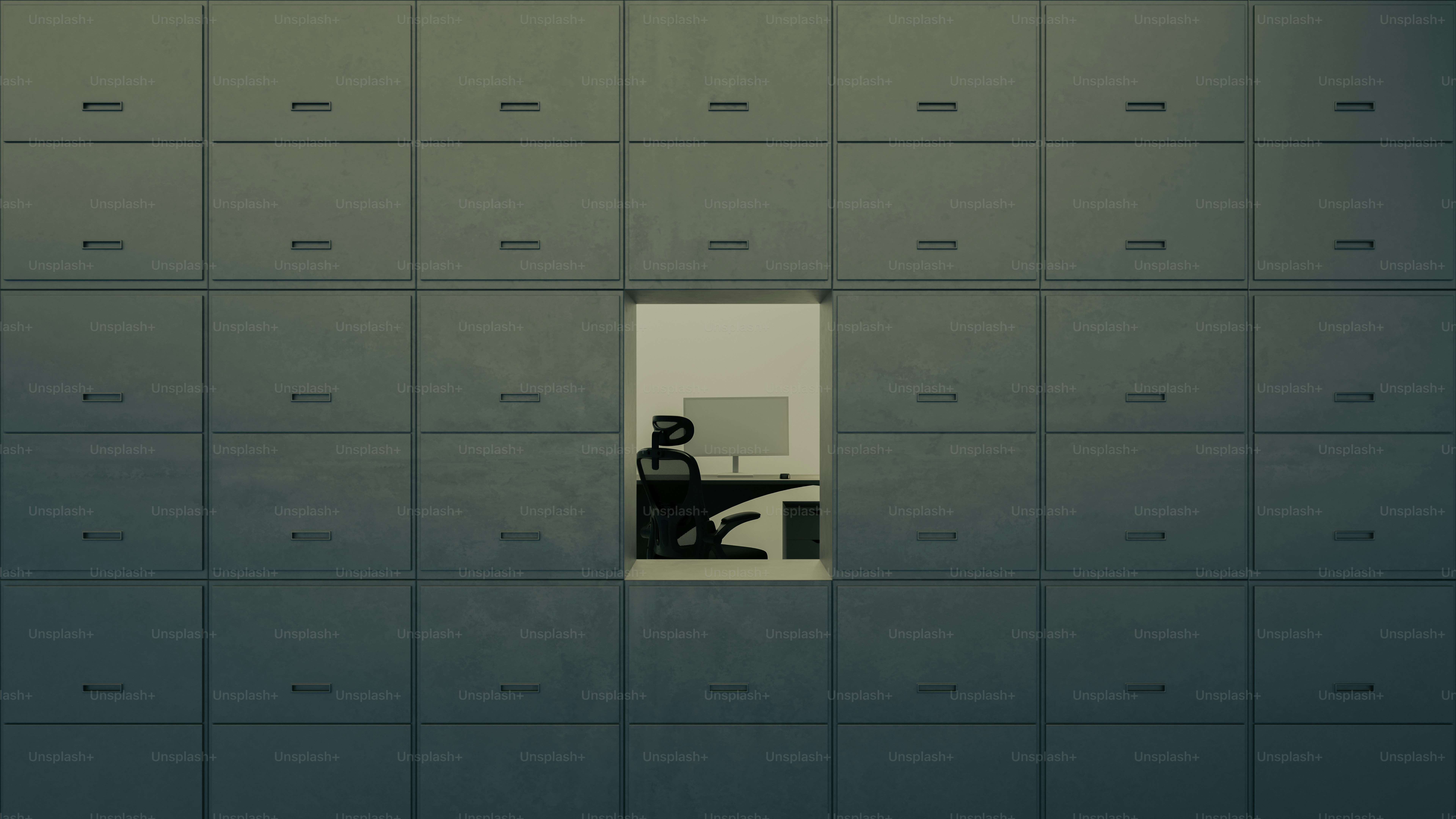 작은 사무실 칸막이에서 일하는 사람.