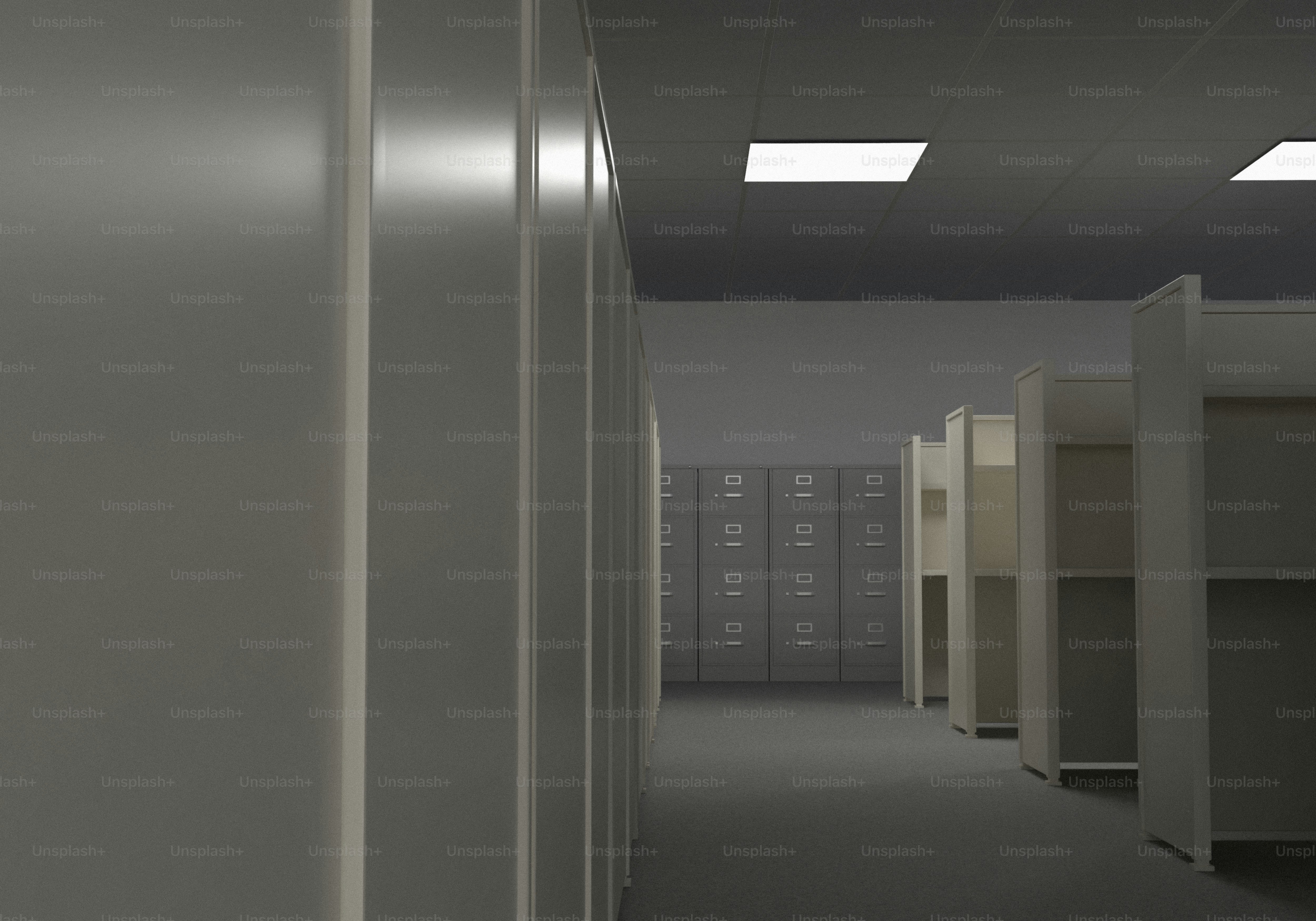 빈 사무실 칸막이와 서류 캐비닛이 줄지어 있었다