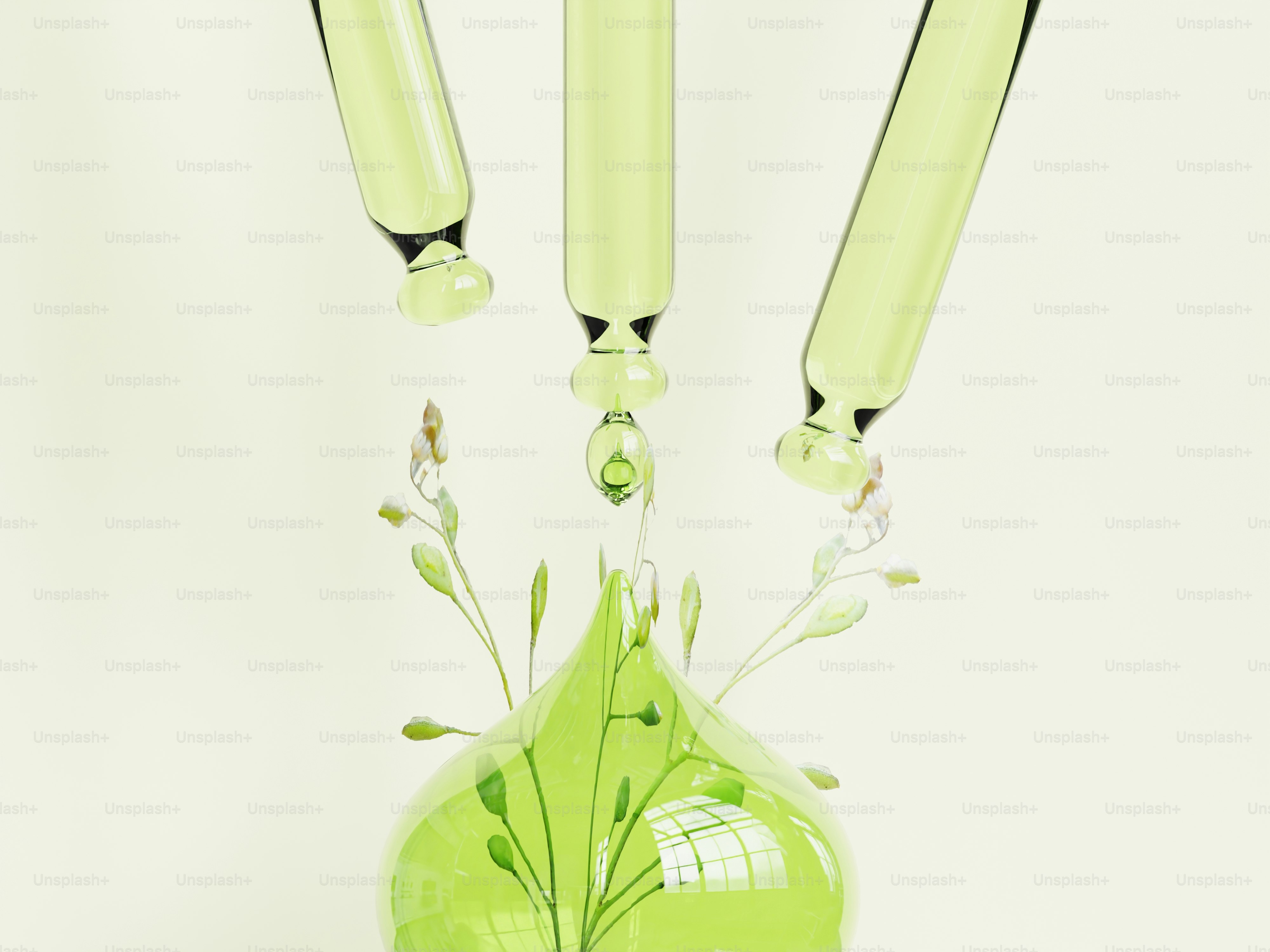 Tres pipetas que dispensan líquido verde sobre una planta.