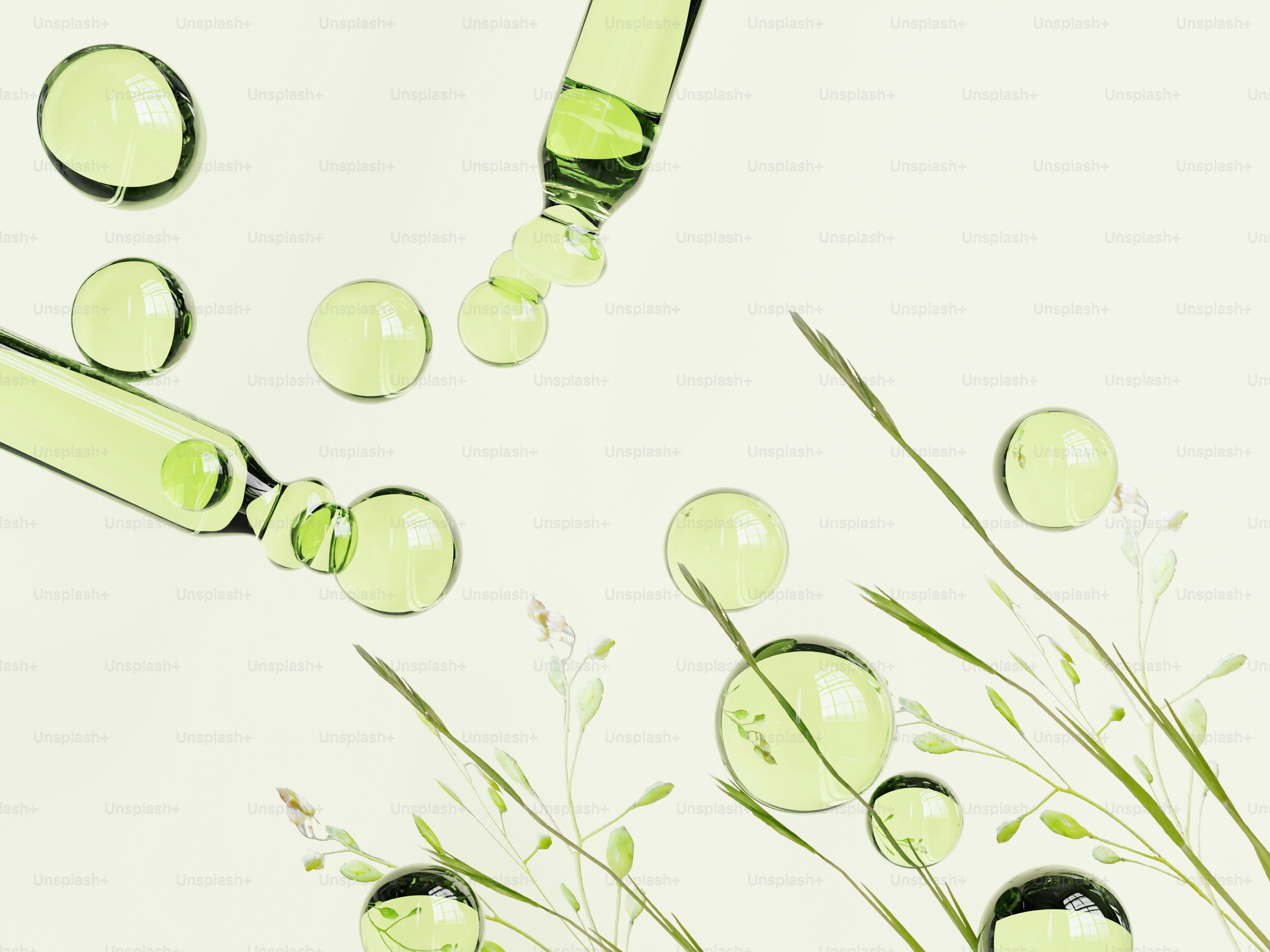 Gotas de líquido verde que caen de pipetas cerca de la hierba