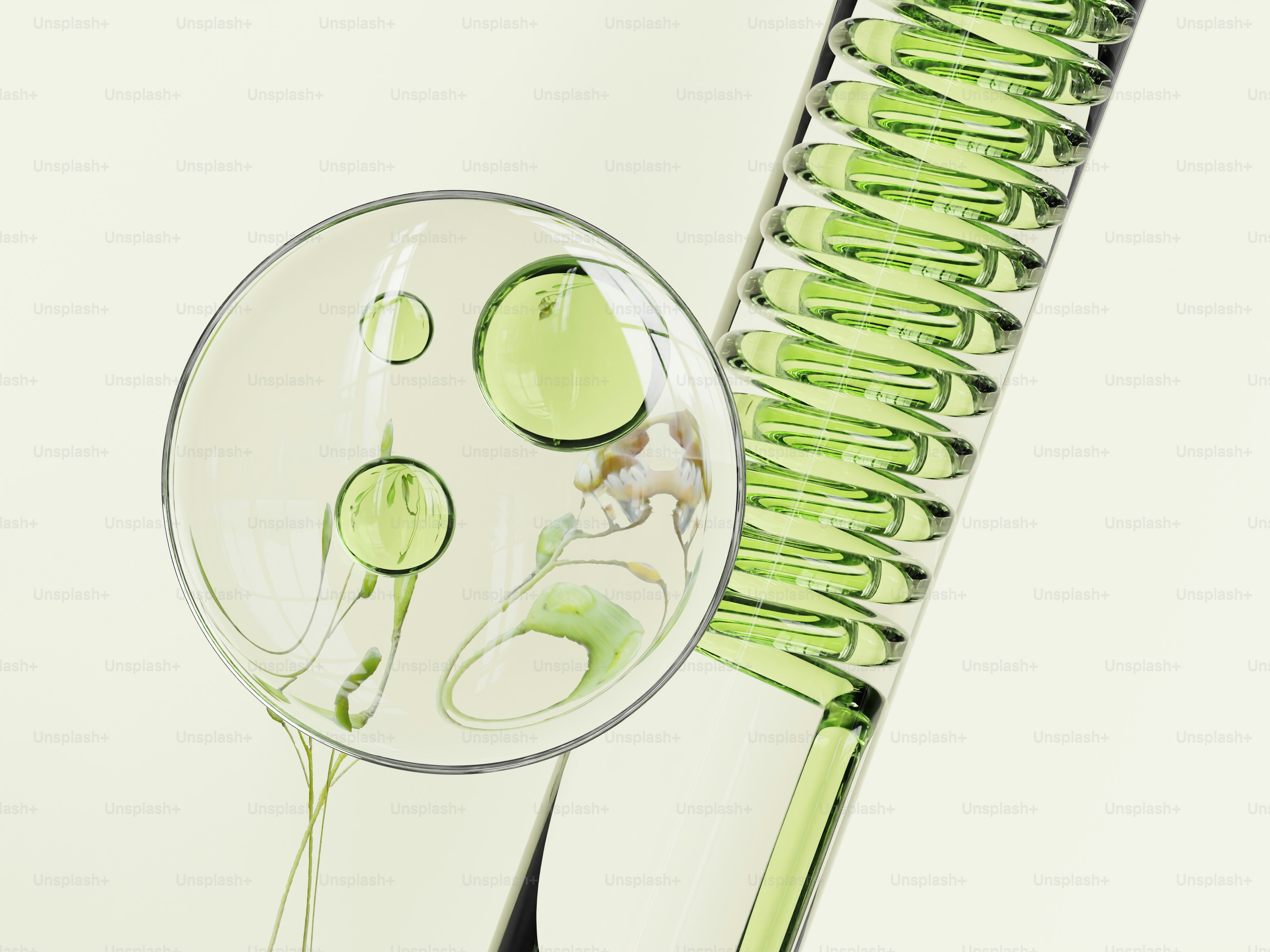 Primer plano de un líquido verde en cristalería científica