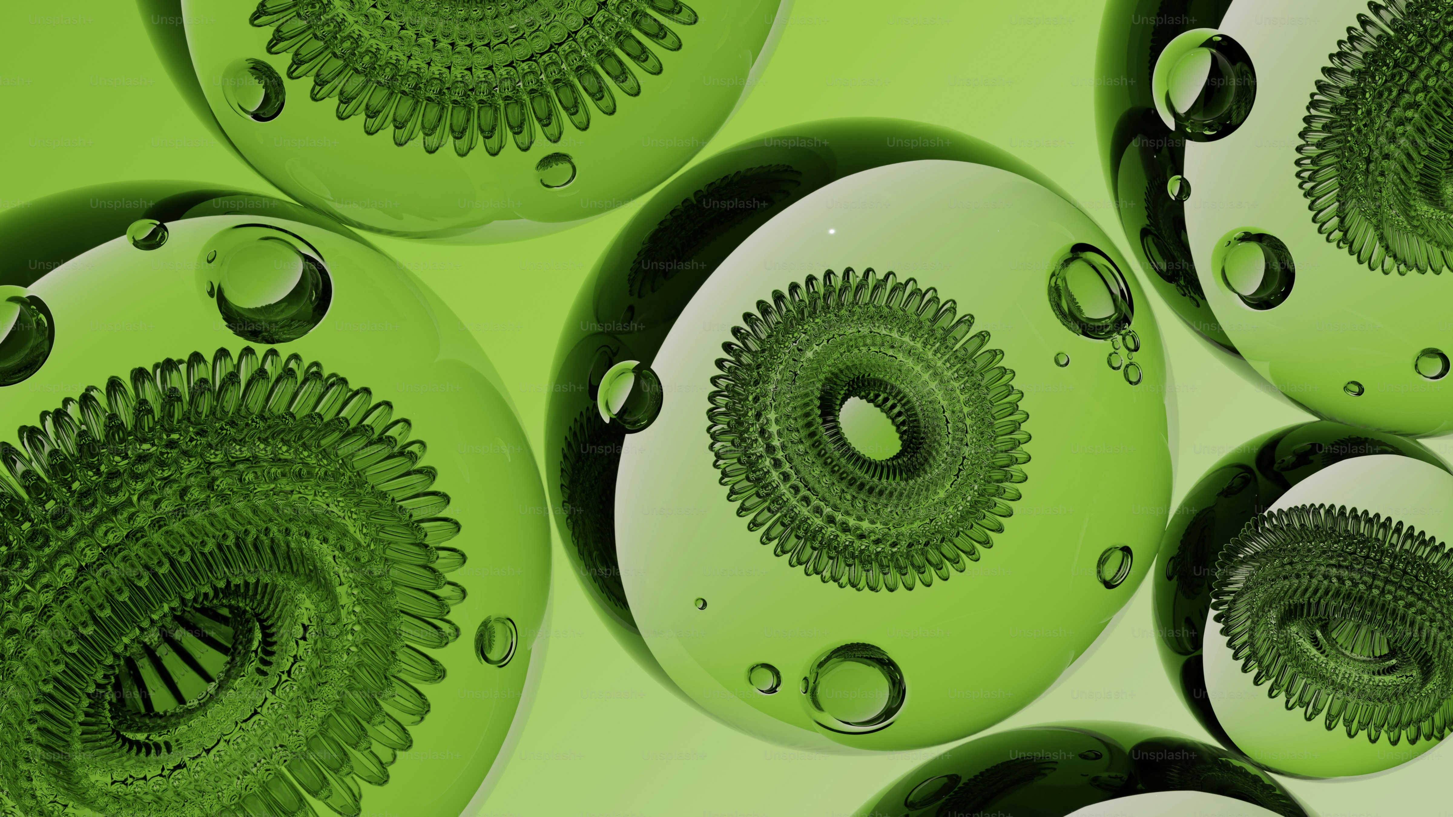 Sphères vertes abstraites avec des motifs circulaires complexes à l’intérieur
