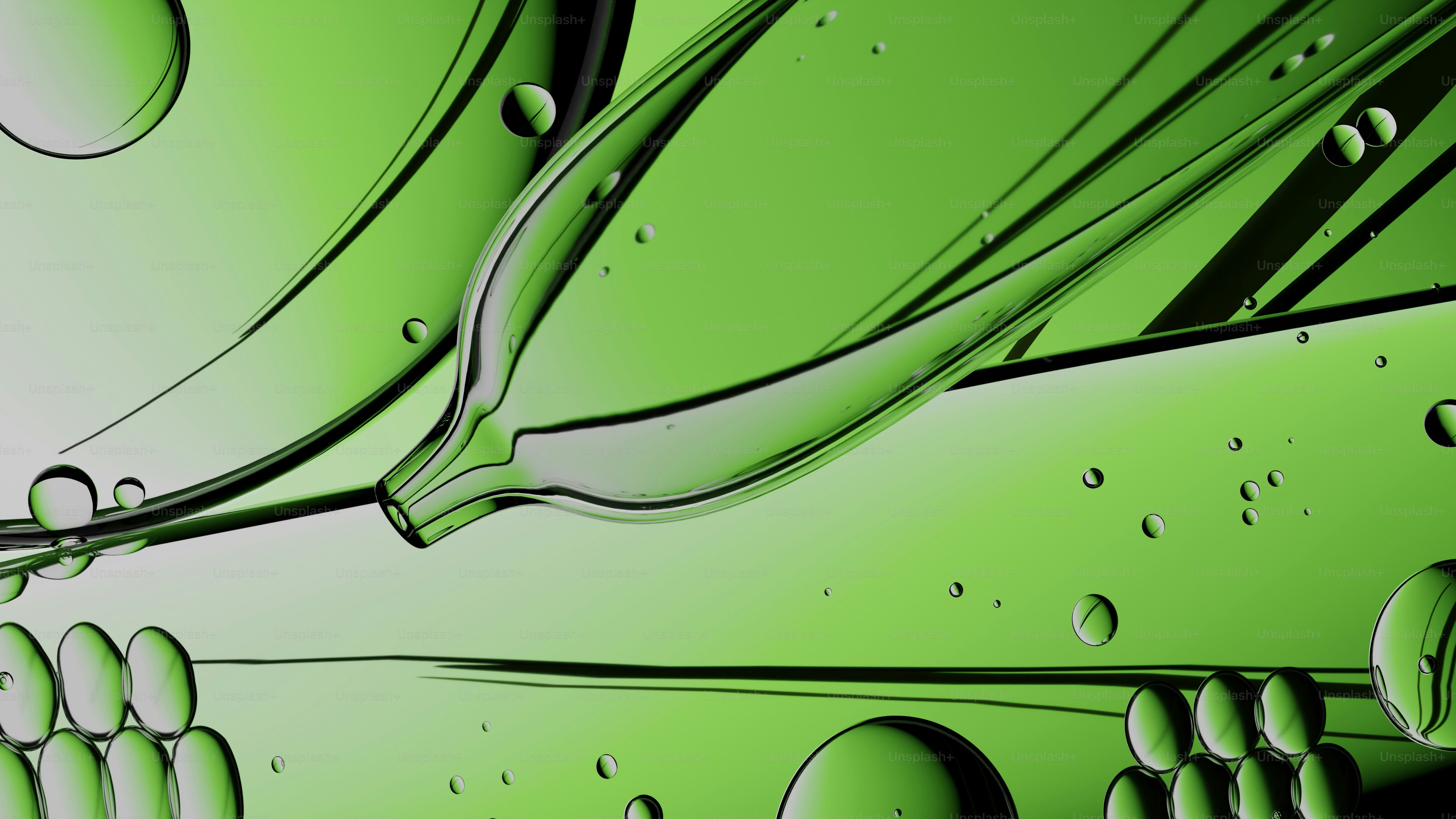 Fluide vert abstrait avec bulles et courbes