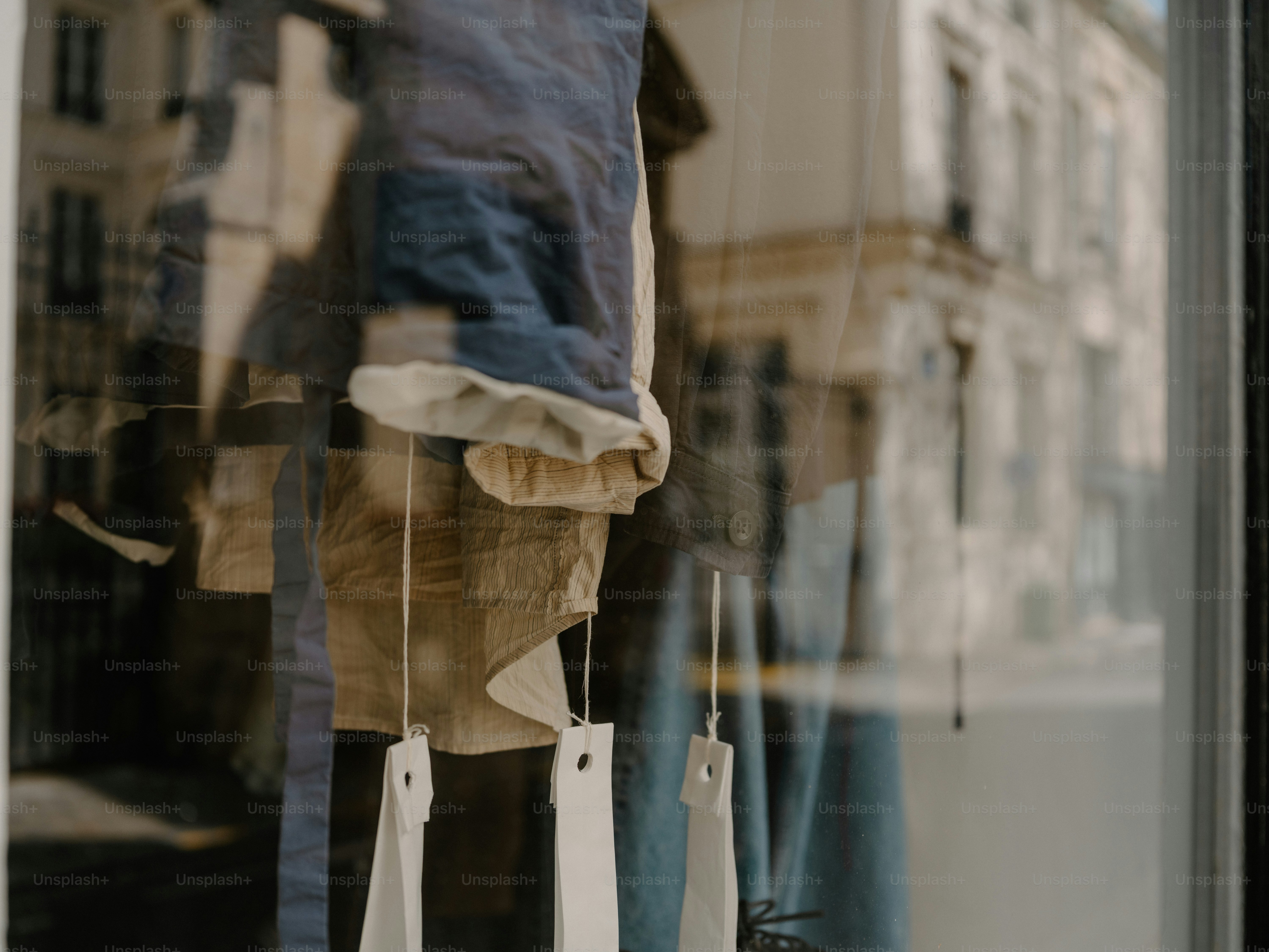 Clothes displayed in a shop window with reflections.