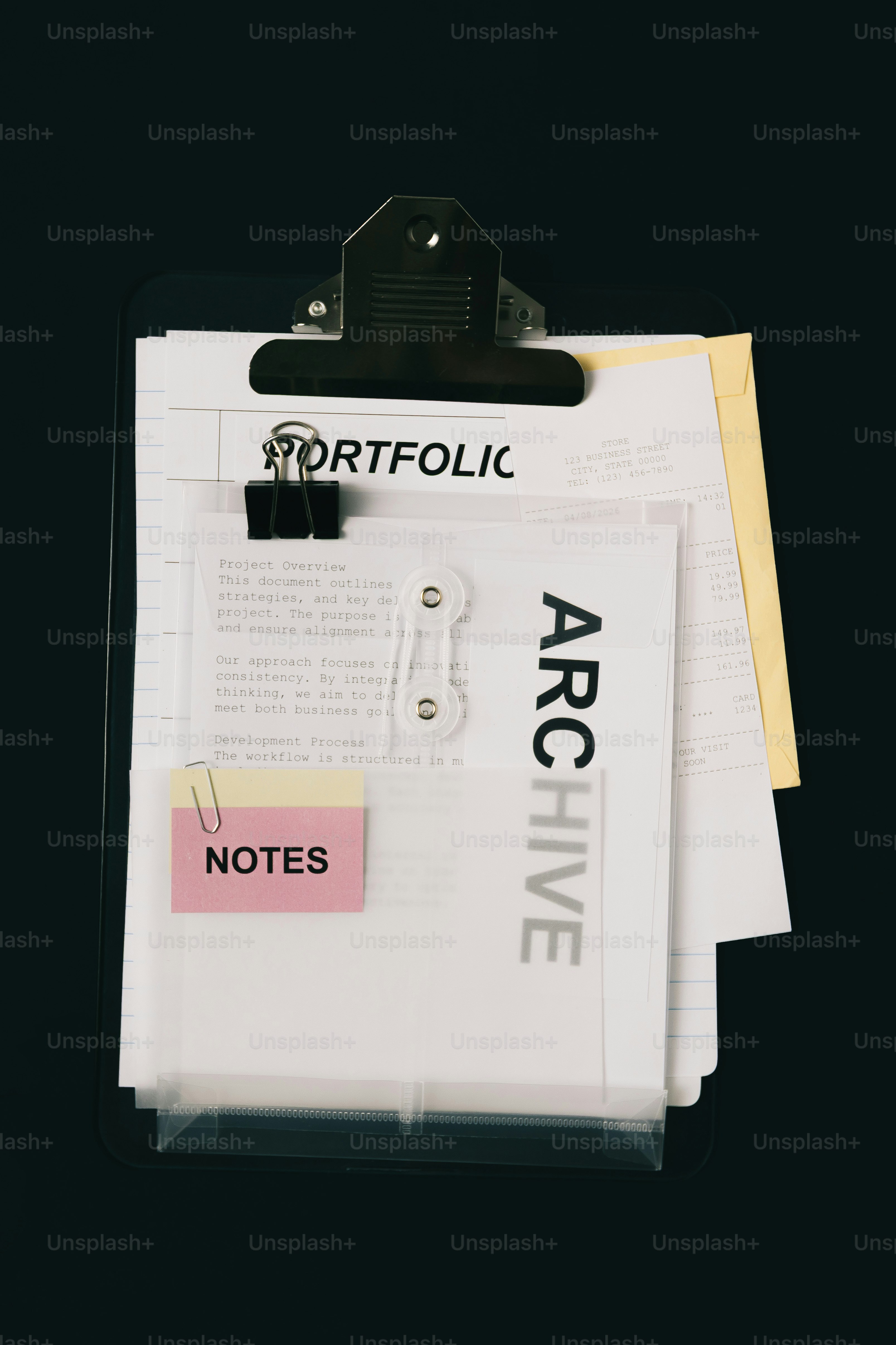 Prancheta com portfólio, arquivo e notas