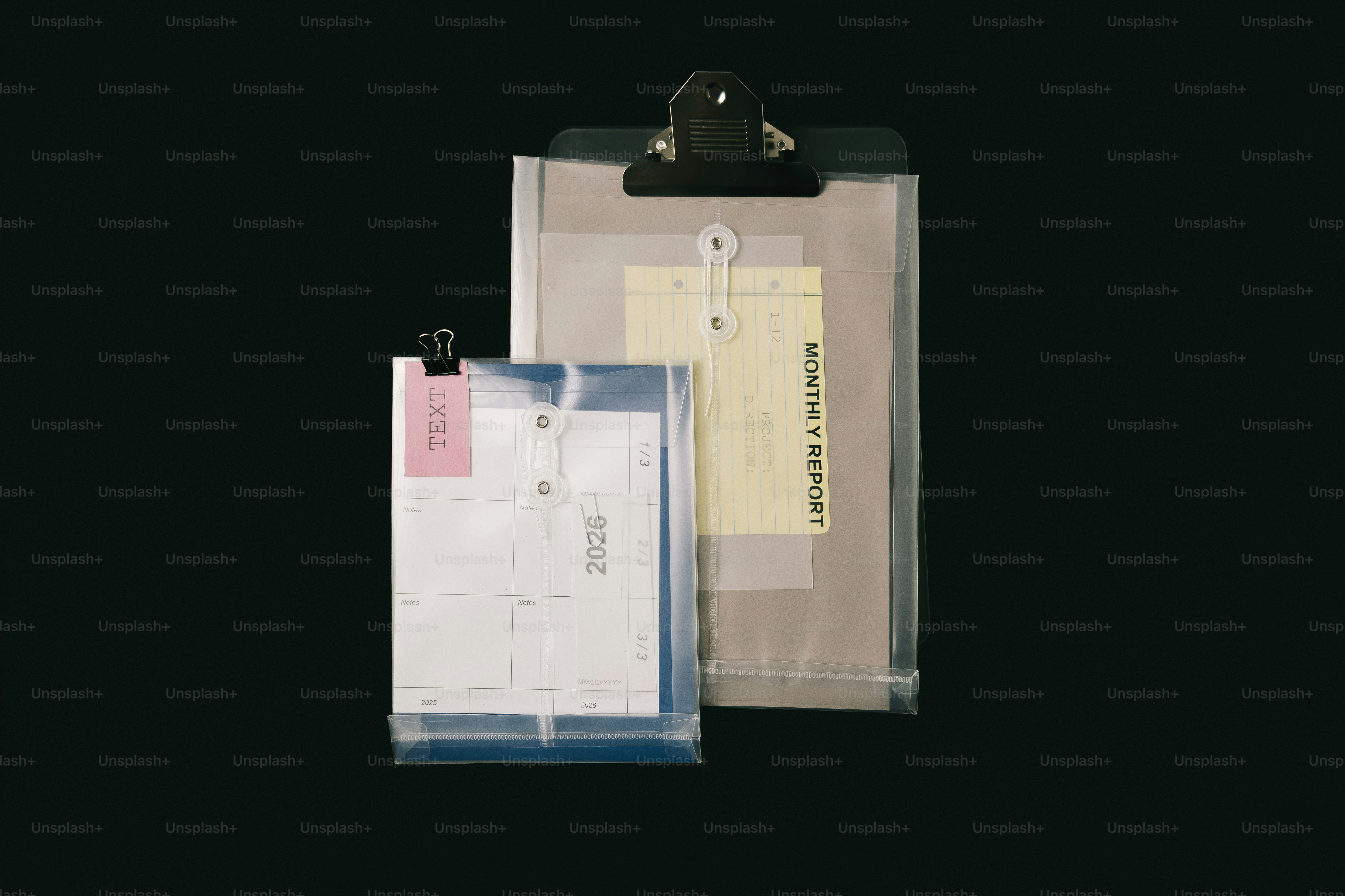 Due bustine di plastica trasparente con fogli e etichette.