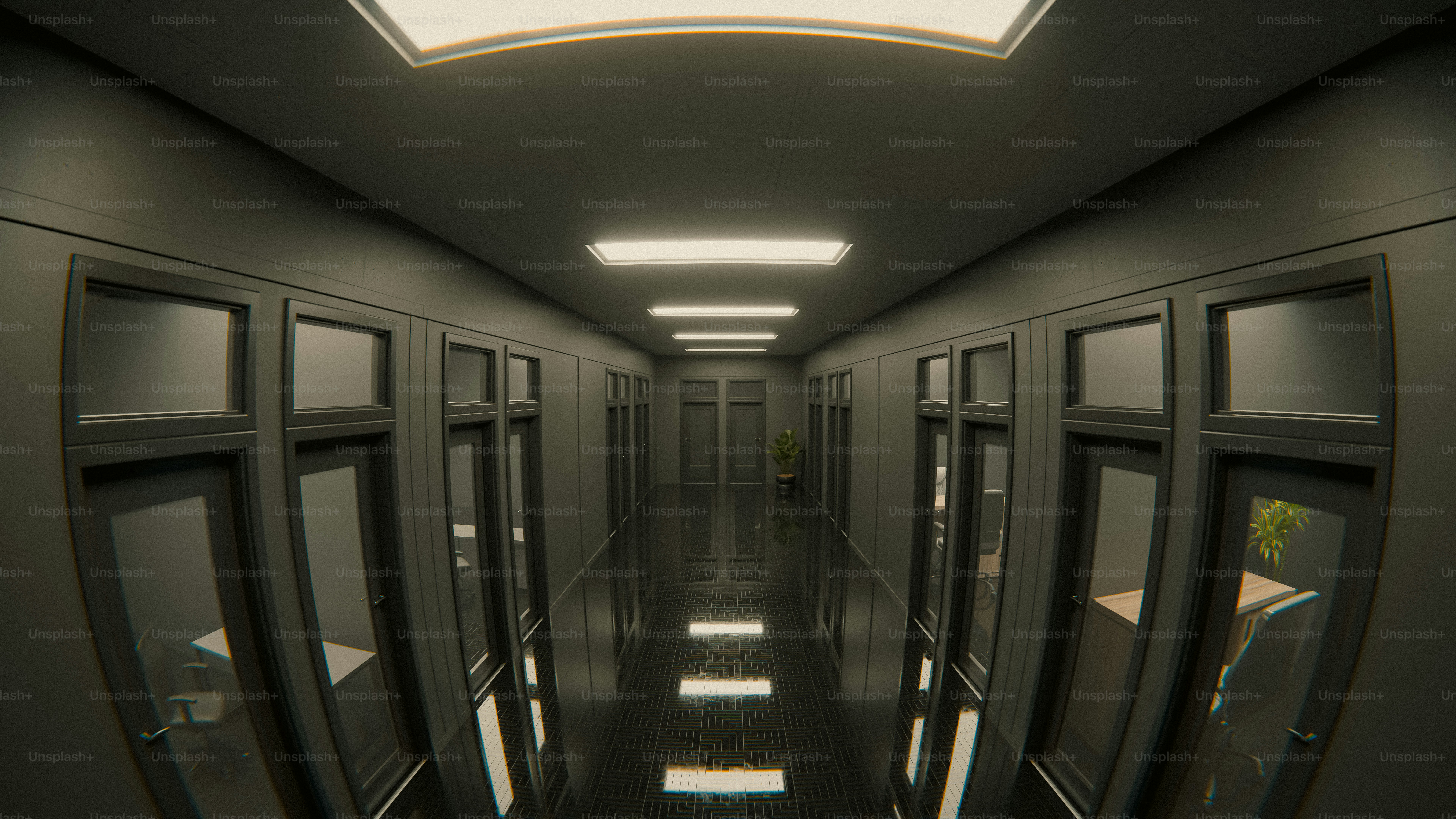 많은 문과 불빛이 있는 길고 현대적인 복도