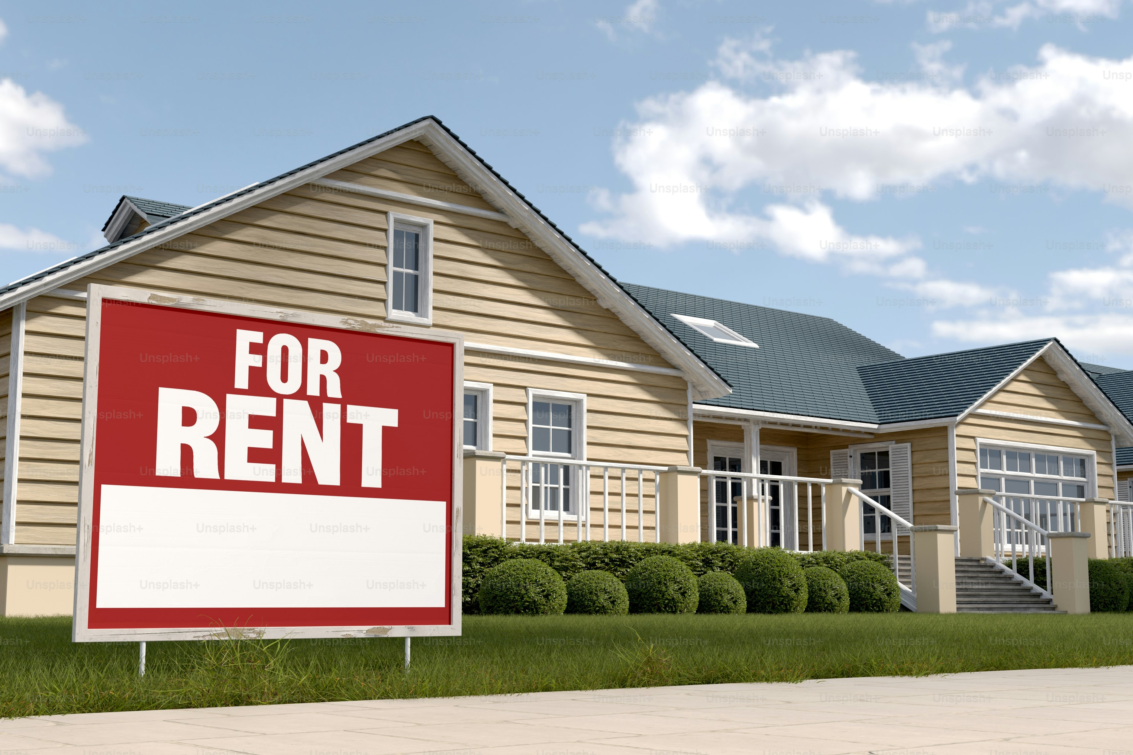 Rumah pinggiran kota dengan tanda 'disewakan'