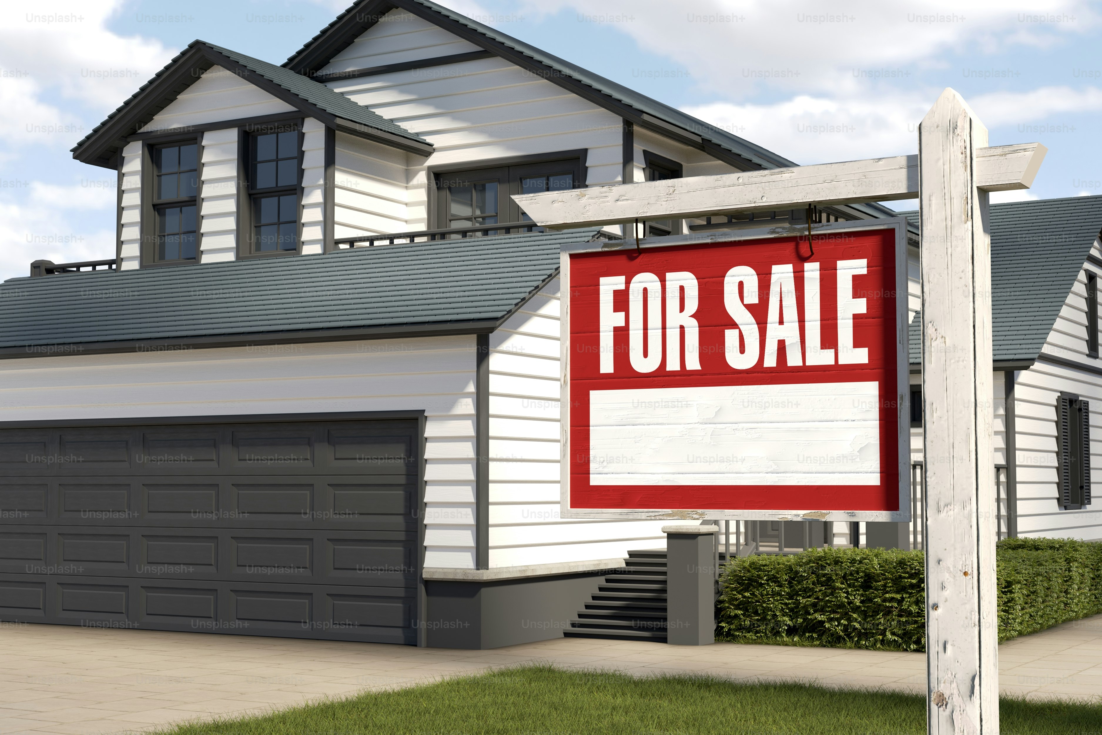 White house with a red 'for sale' sign