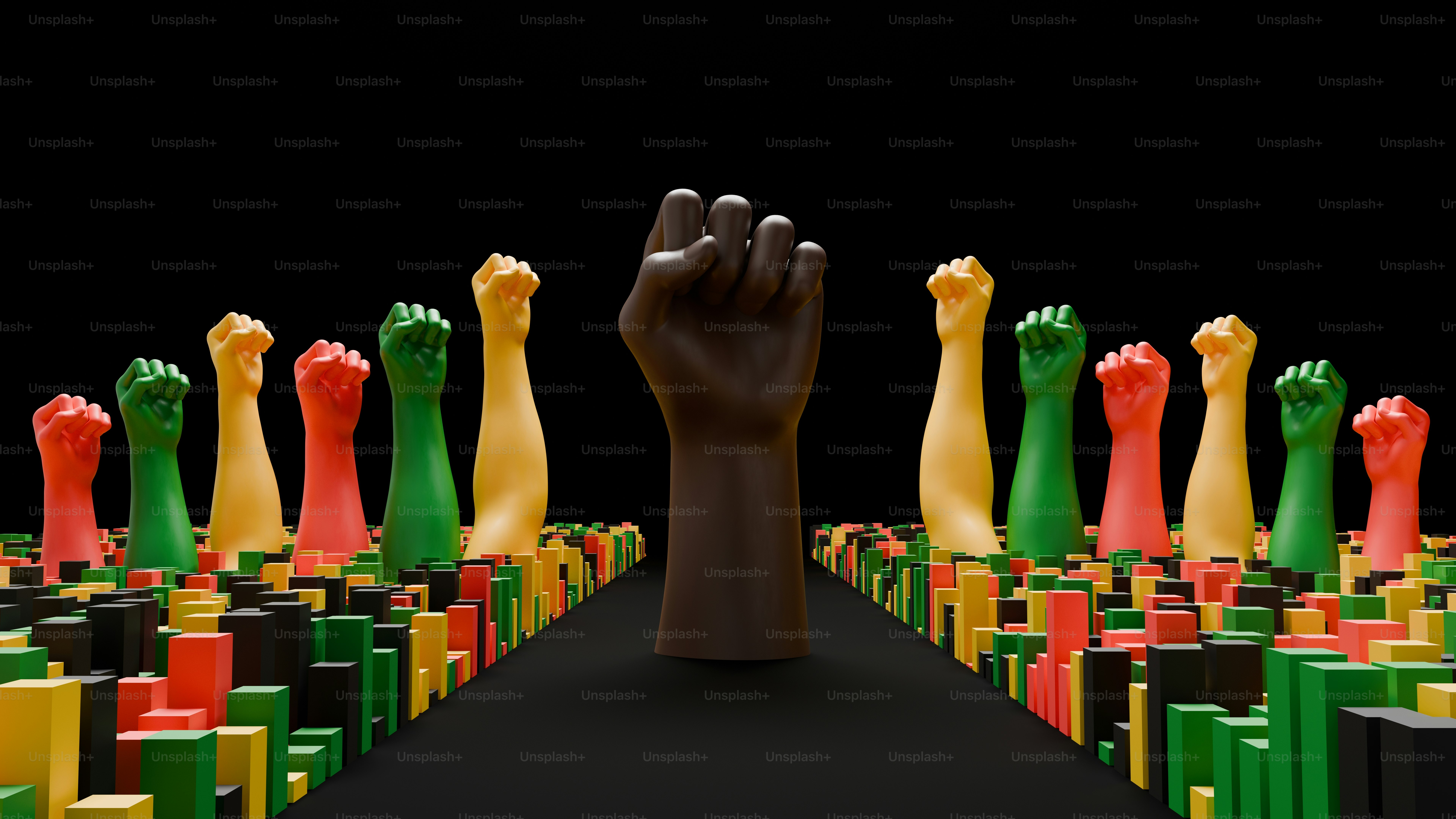 Punhos erguidos em cores pan-africanas contra fundo preto