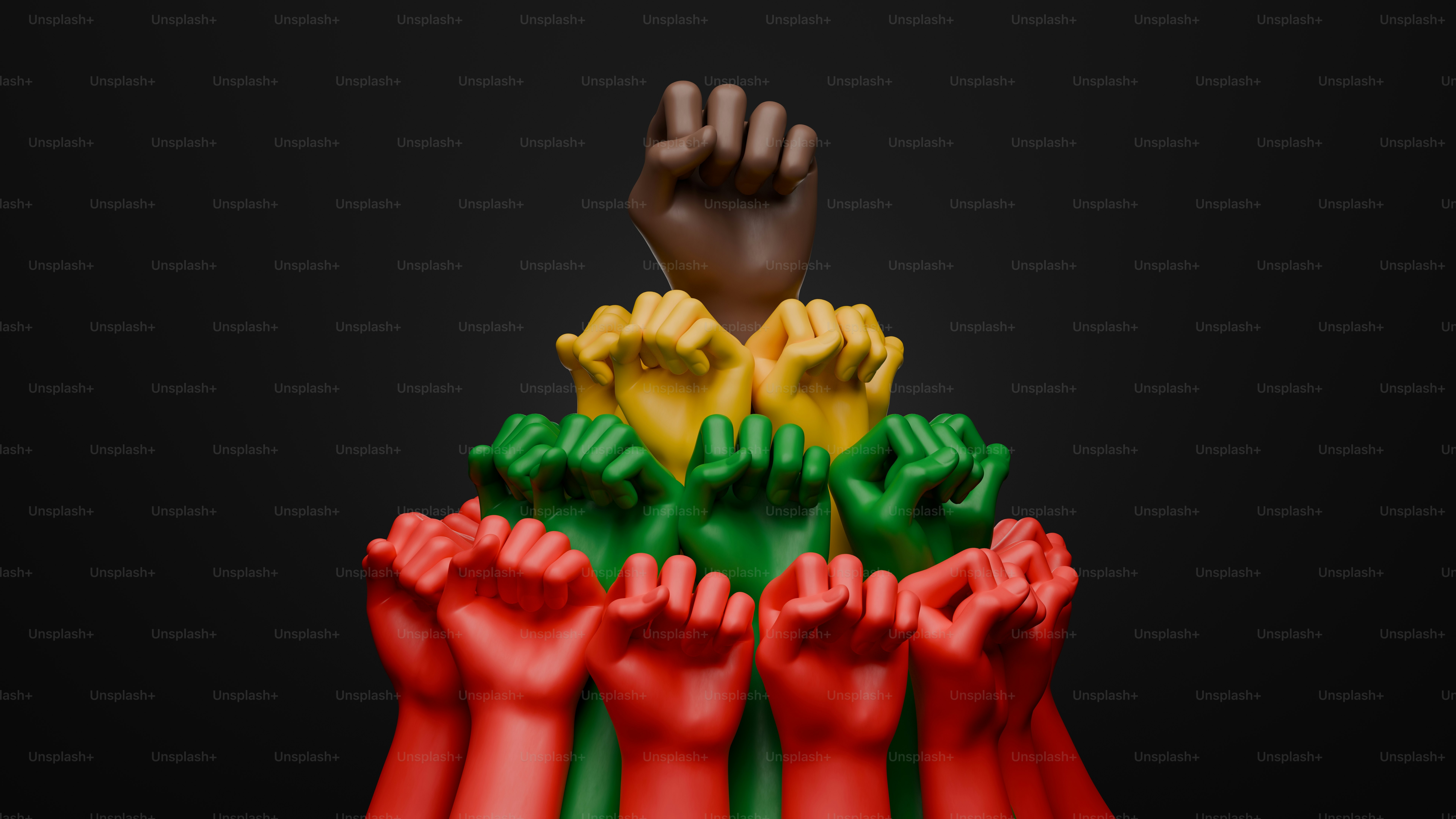 Raised fists in red, yellow, green, and brown