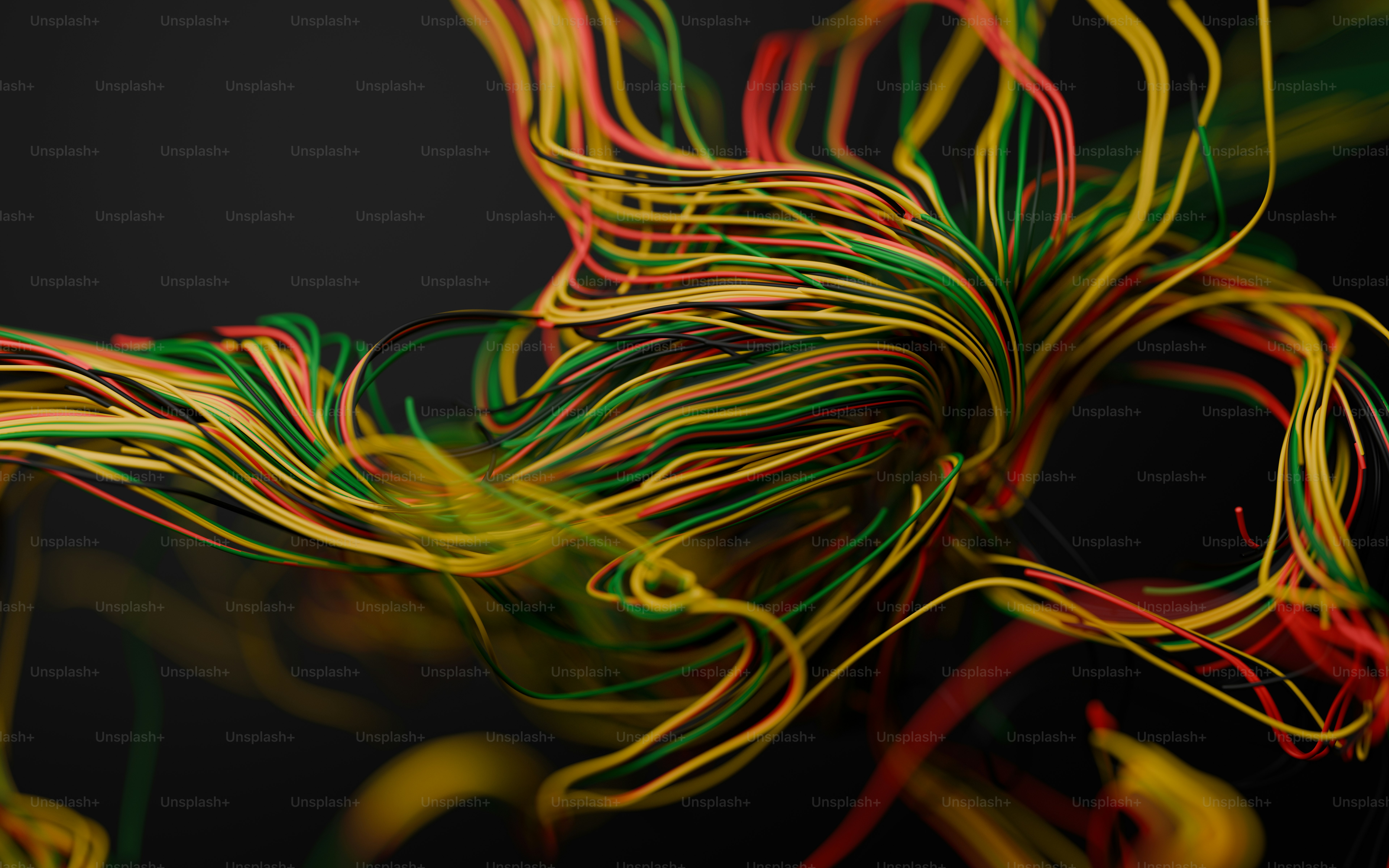 Fios abstratos e coloridos girando sobre um fundo escuro