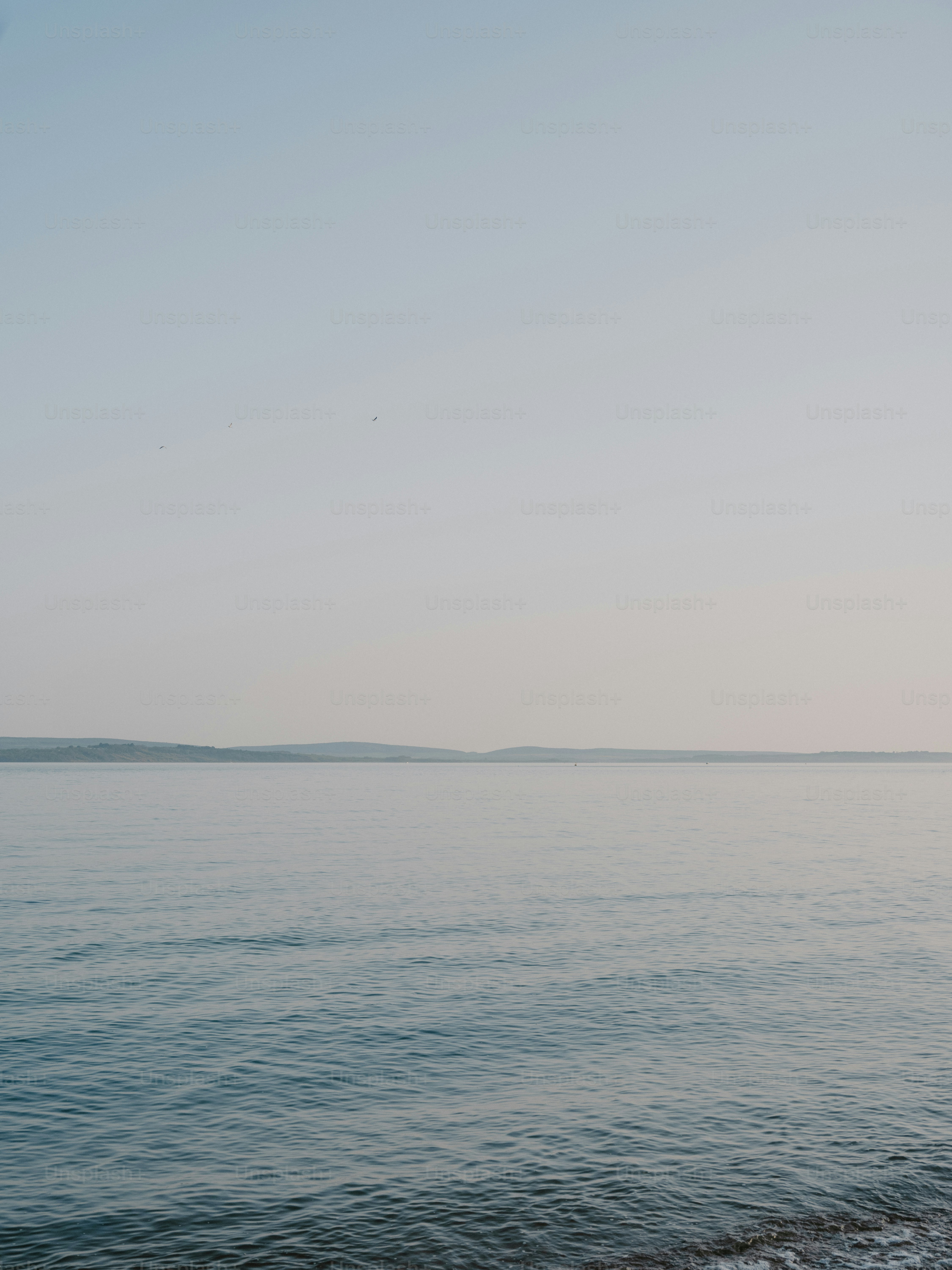 Calm ocean water with a distant hazy shoreline.
