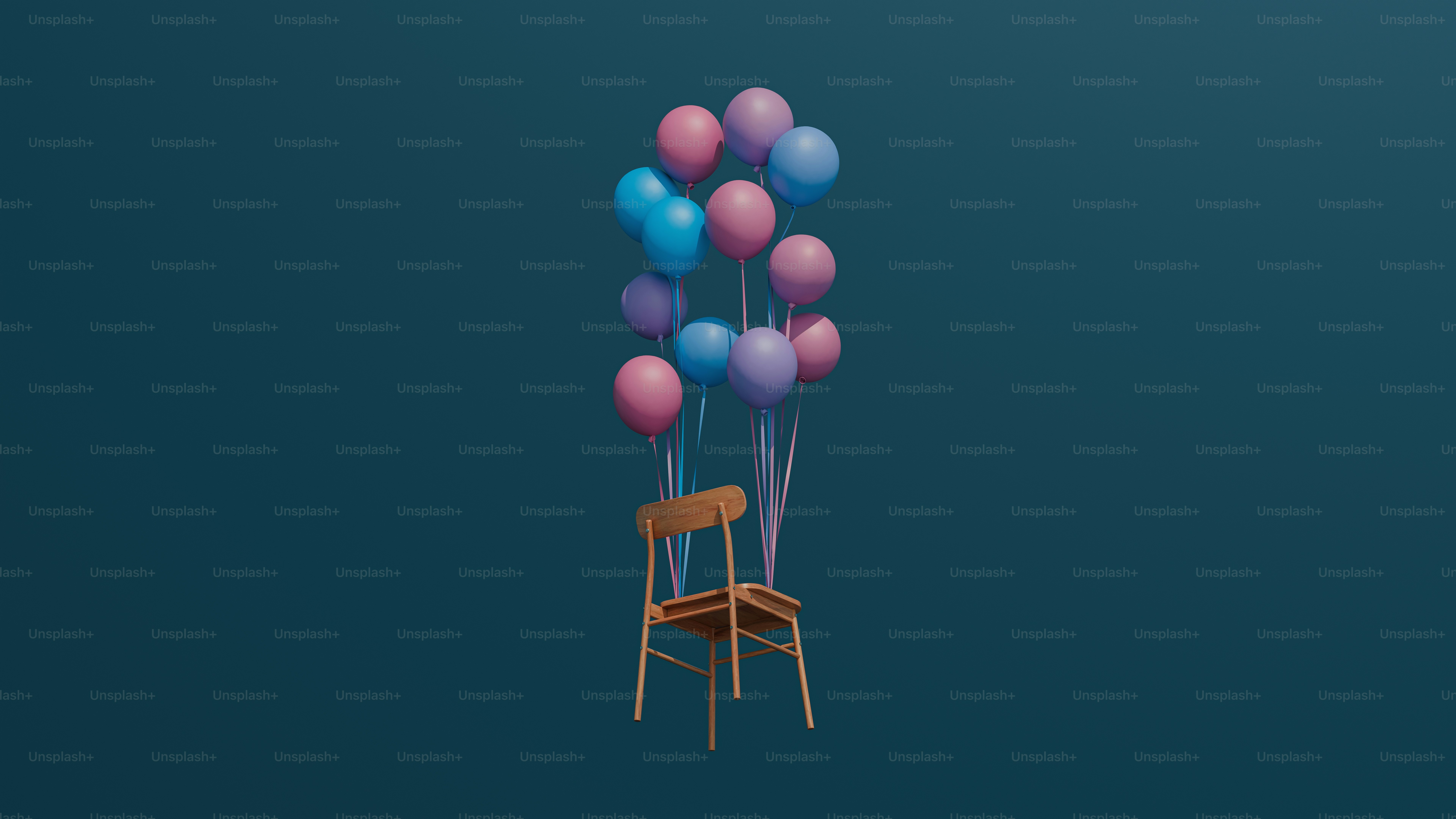 A wooden chair with balloons on a blue background