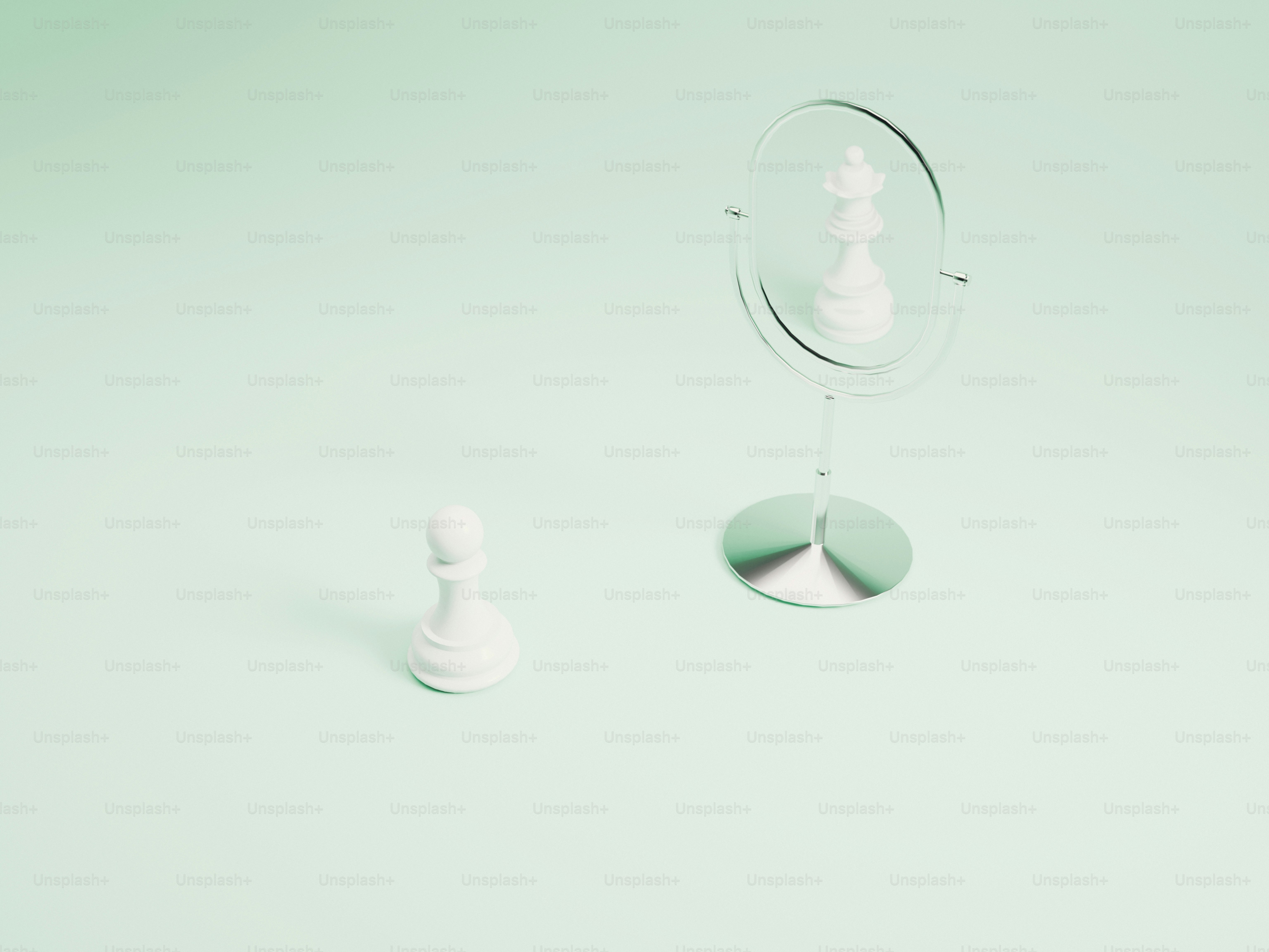 흰색 체스 폰이 거울을 바라본다