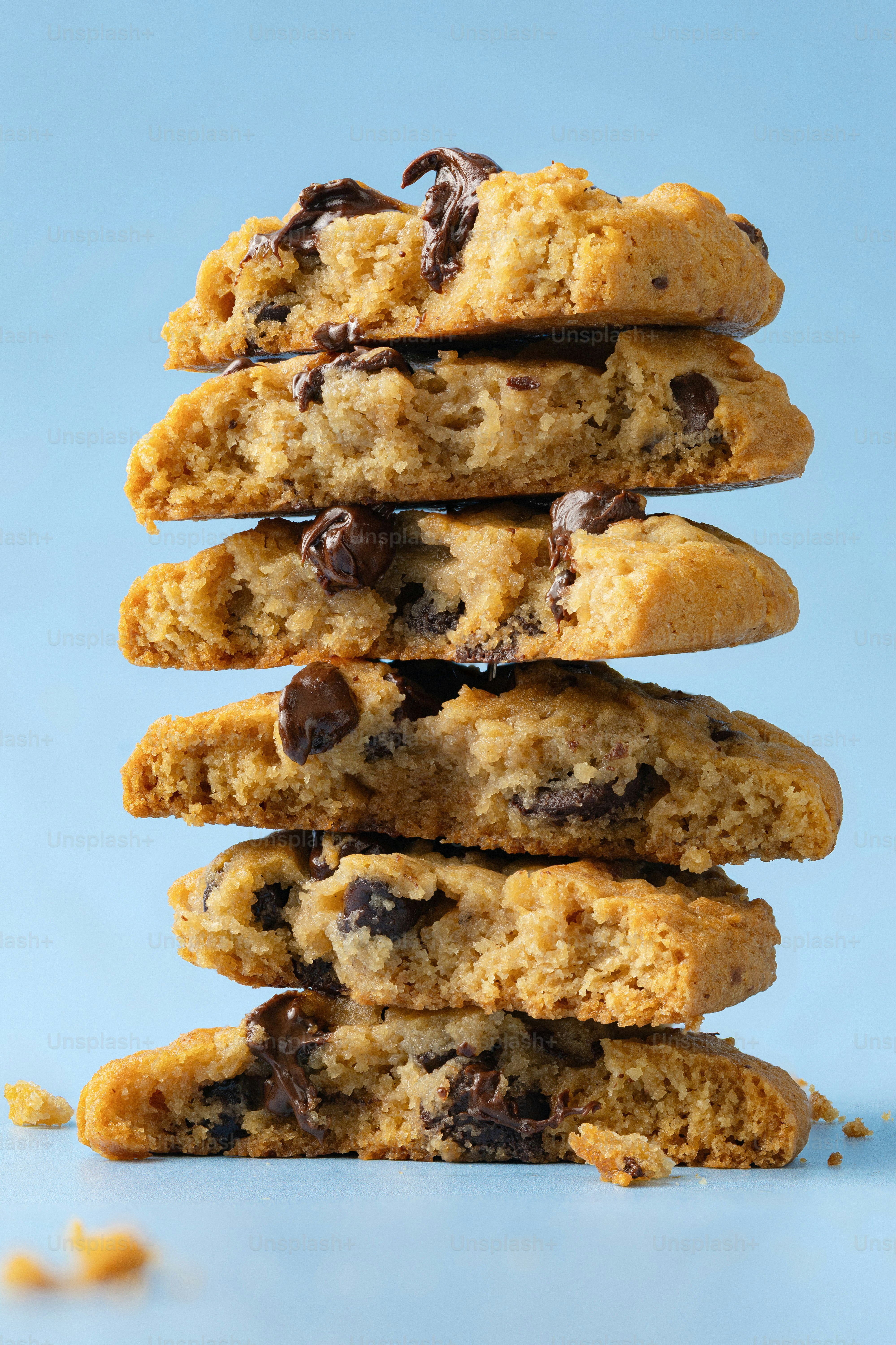 Stack of freshly baked chocolate chip cookies.