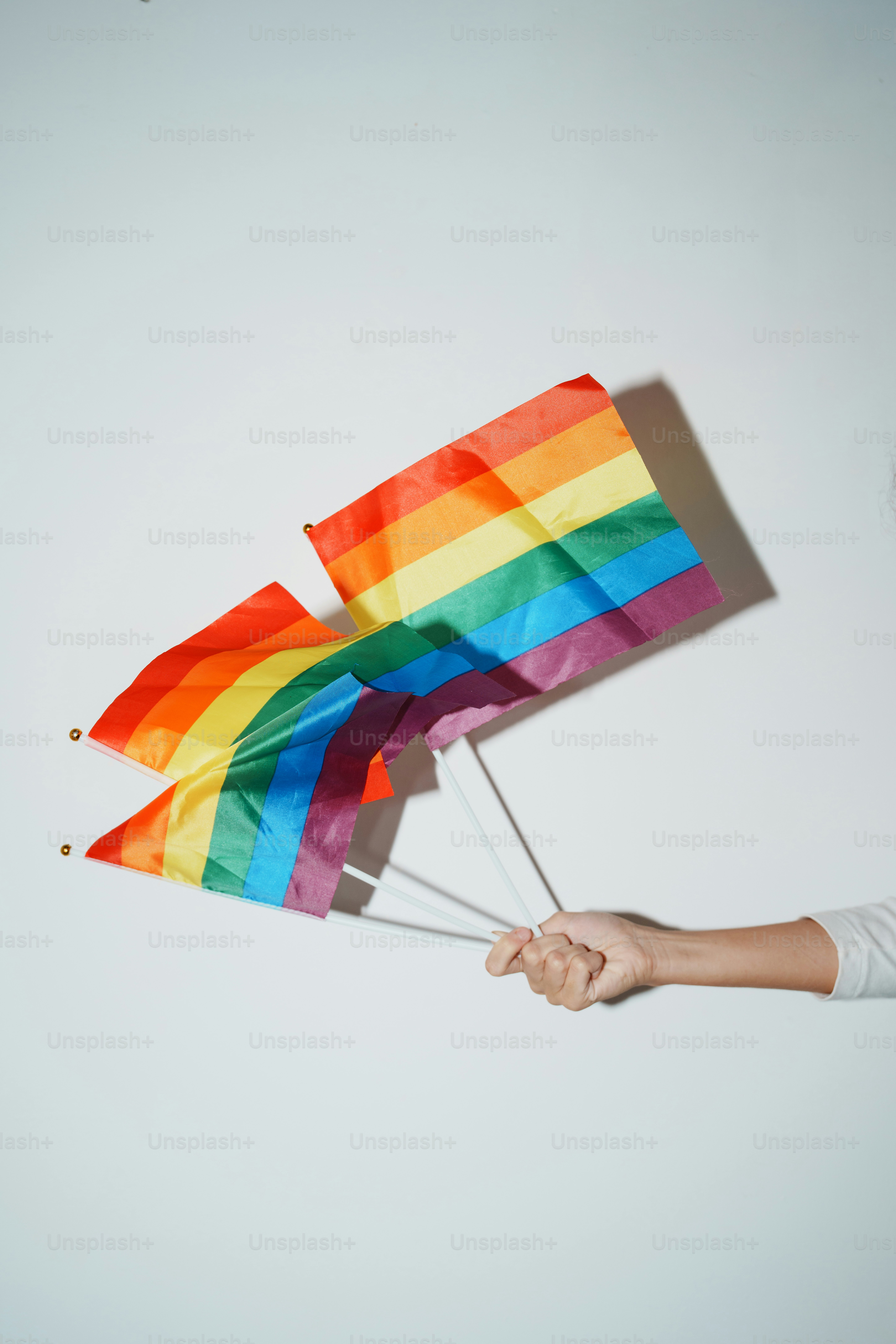 Tangan memegang dua bendera pelangi dengan latar belakang putih