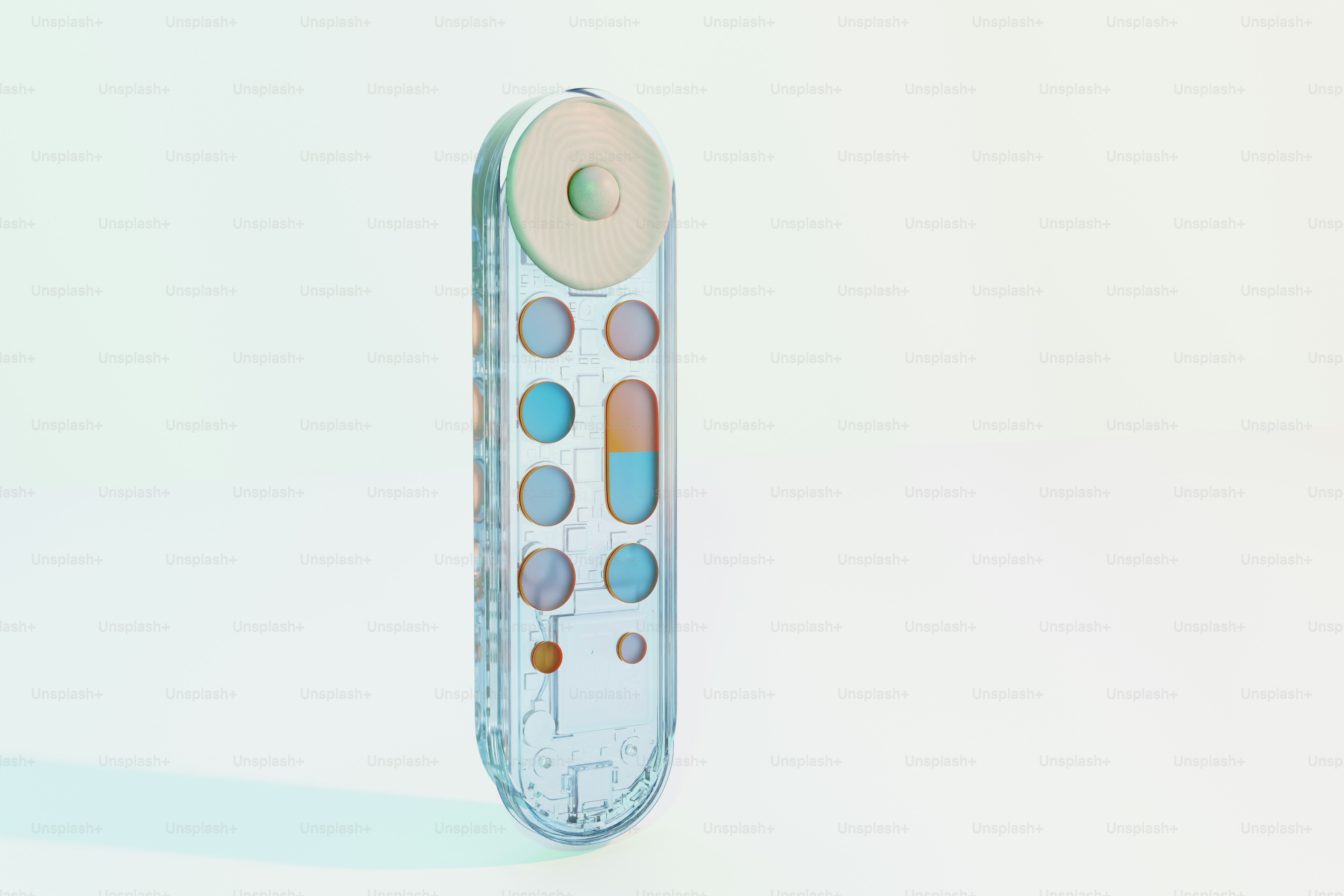 Un mando a distancia transparente con botones de colores