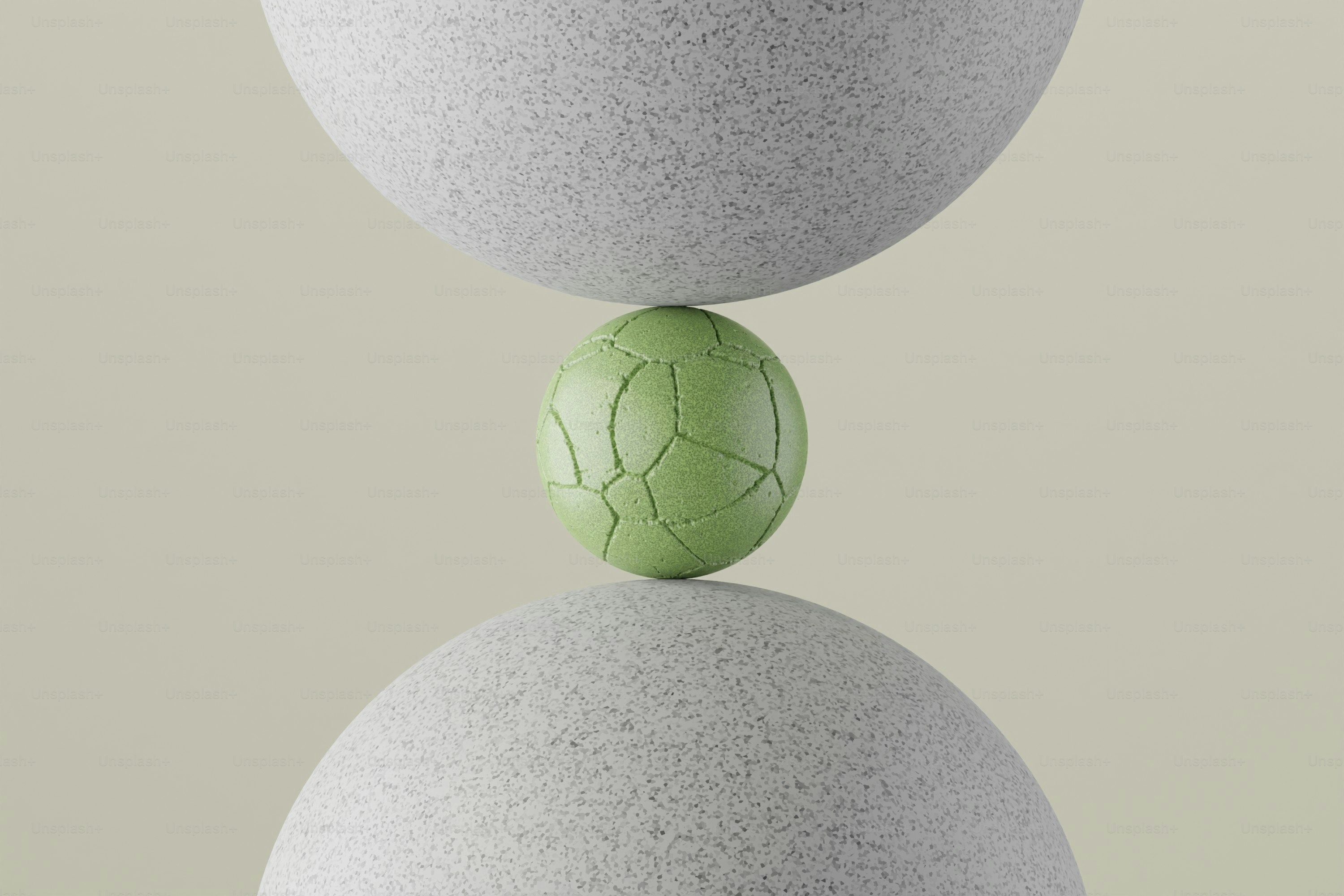 A green cracked ball balanced between two grey spheres photo – Wellness ...