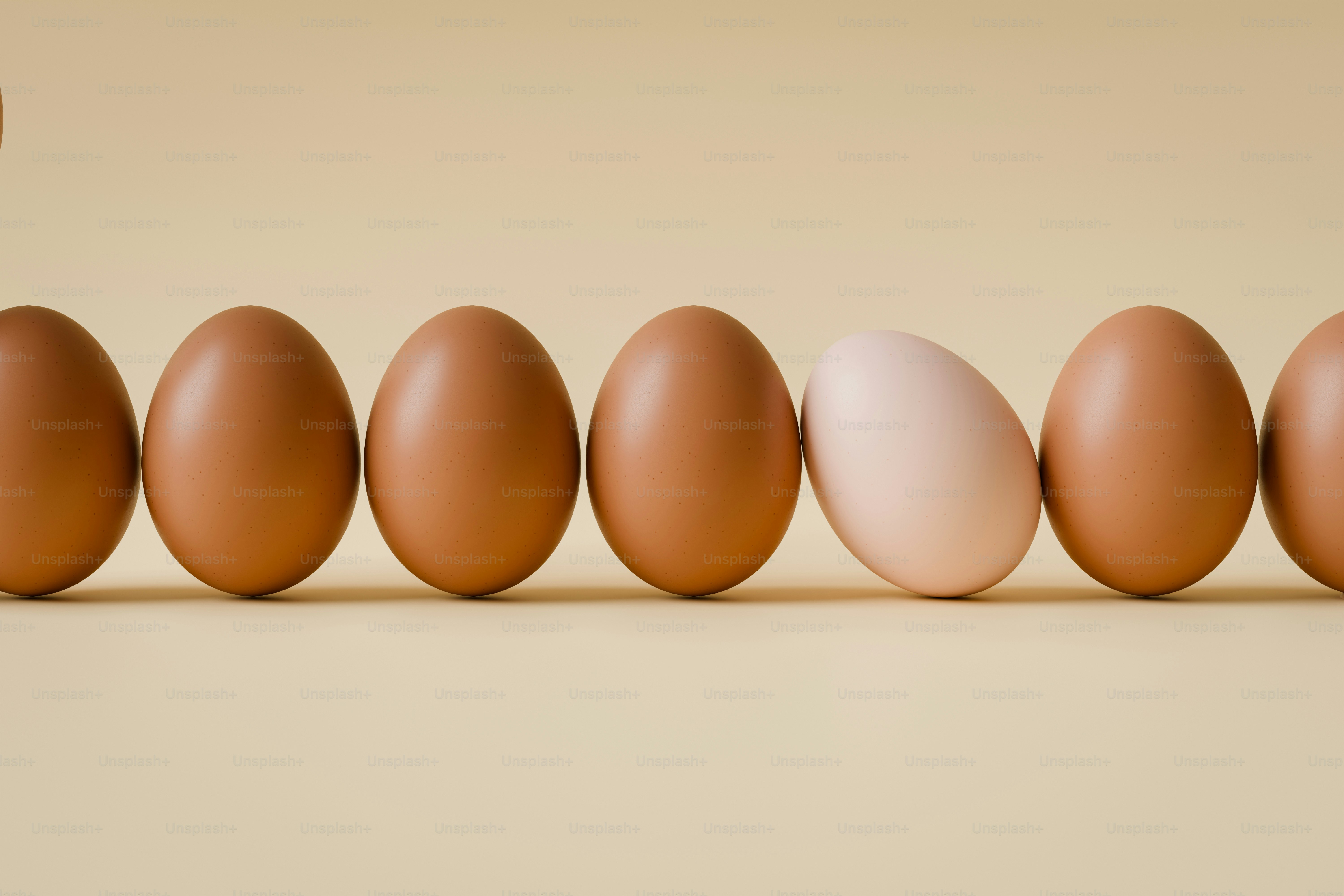 Varios huevos marrones con uno blanco inclinado