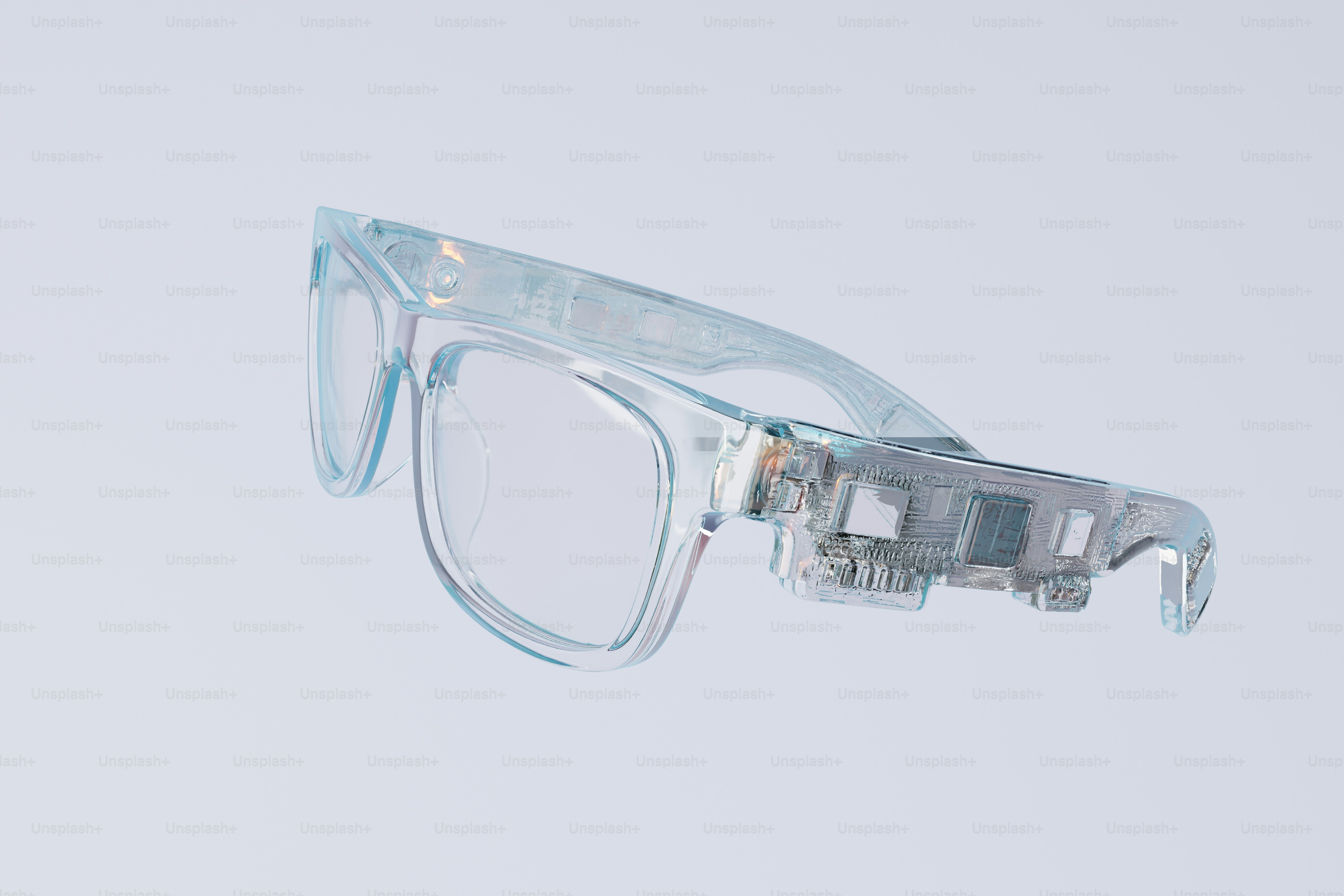 Occhiali trasparenti con dettagli tecnologici intricati