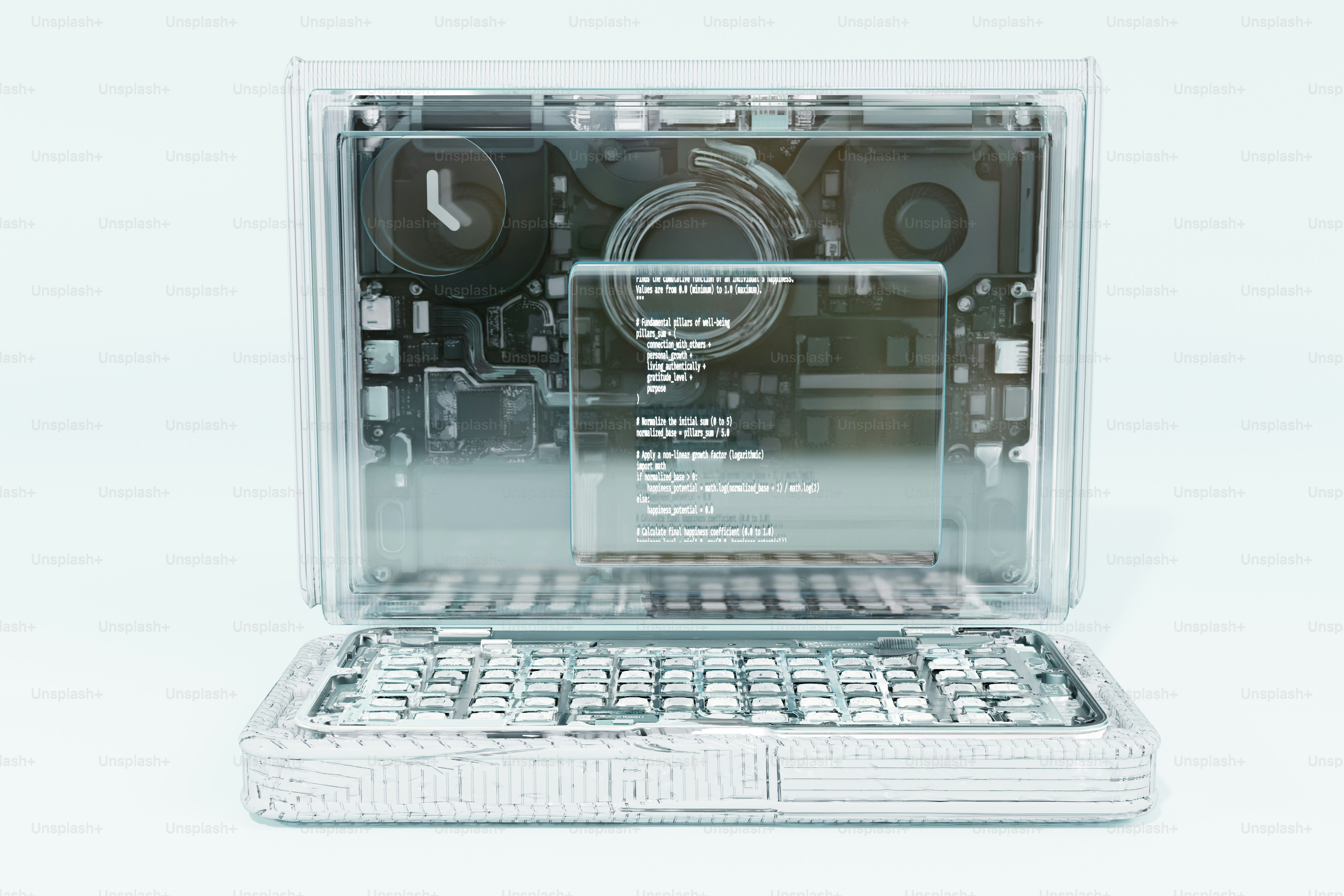 Portatile trasparente che mostra componenti interni e tastiera