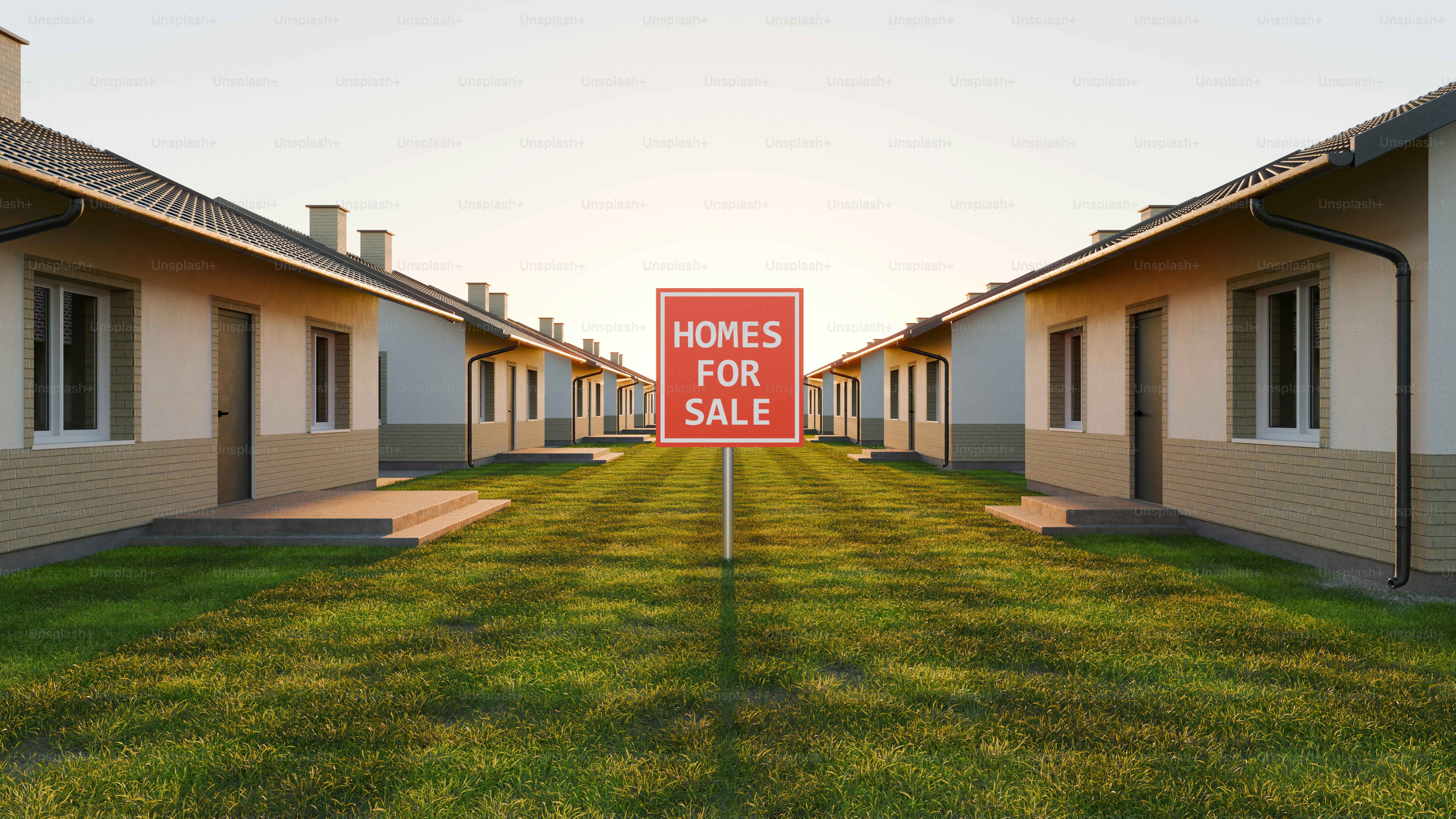 Deretan rumah dengan tanda 'rumah untuk dijual'.
