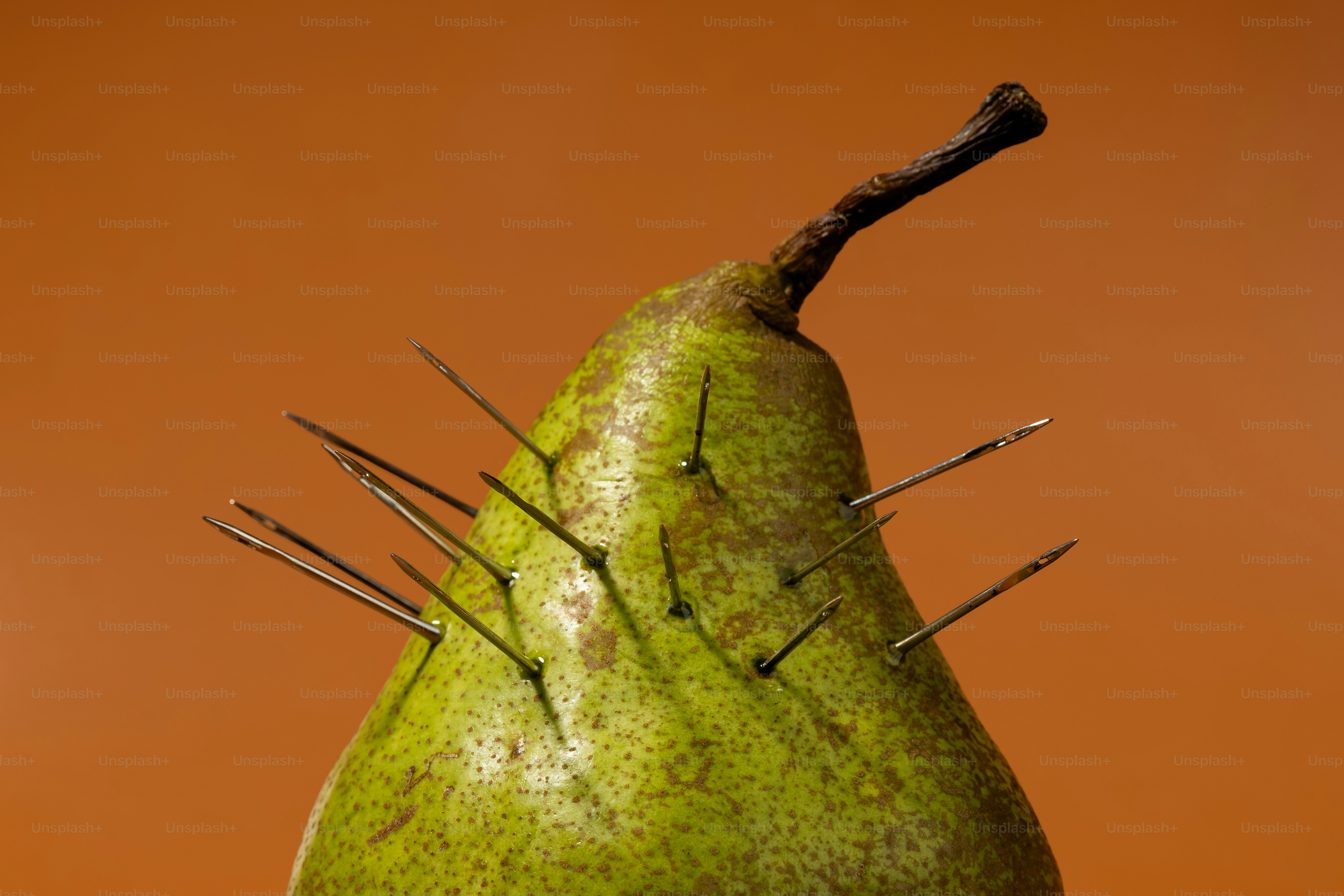 A green pear with needles stuck into it