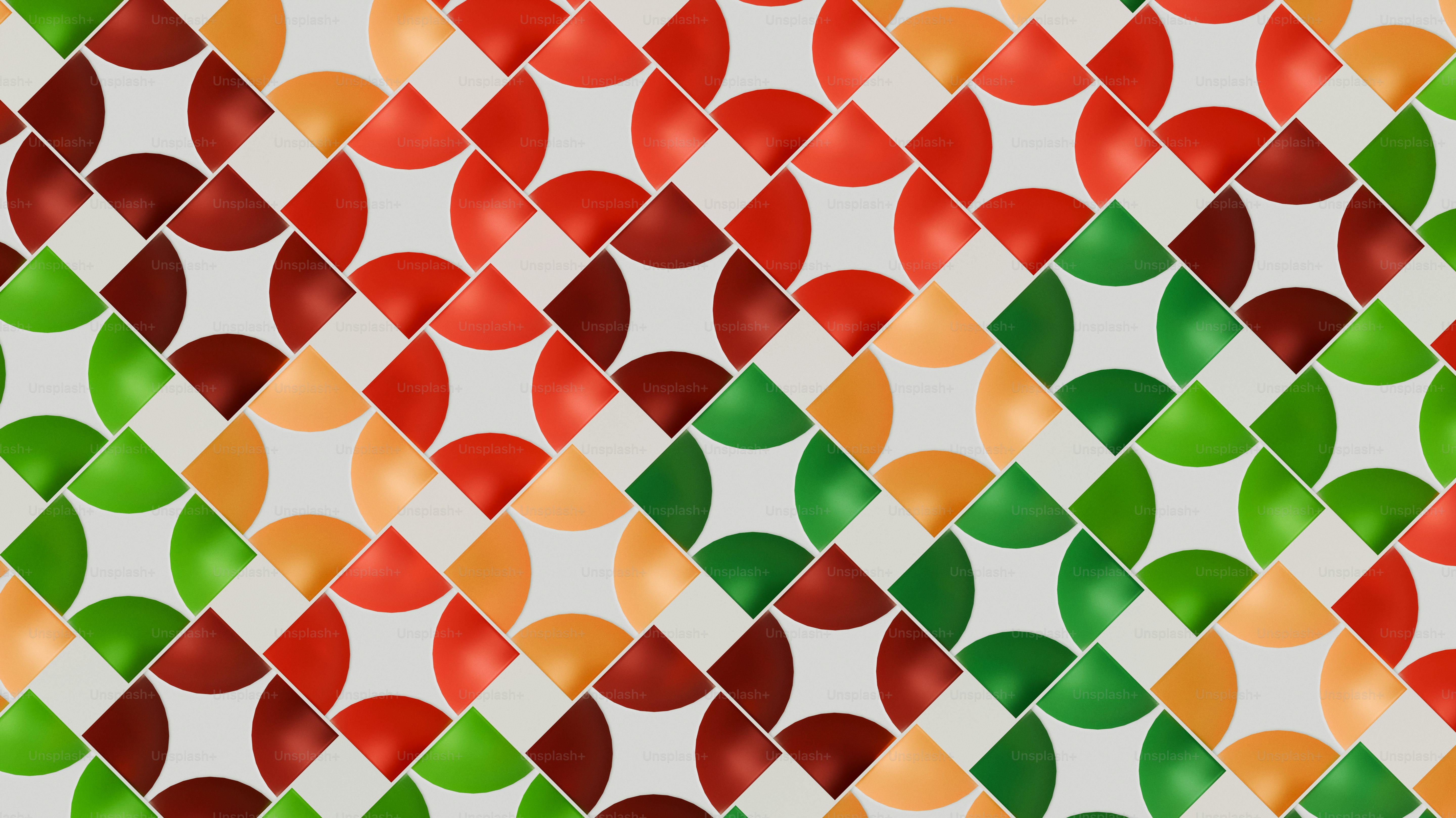 Colorful geometric pattern with red, green, and orange shapes.