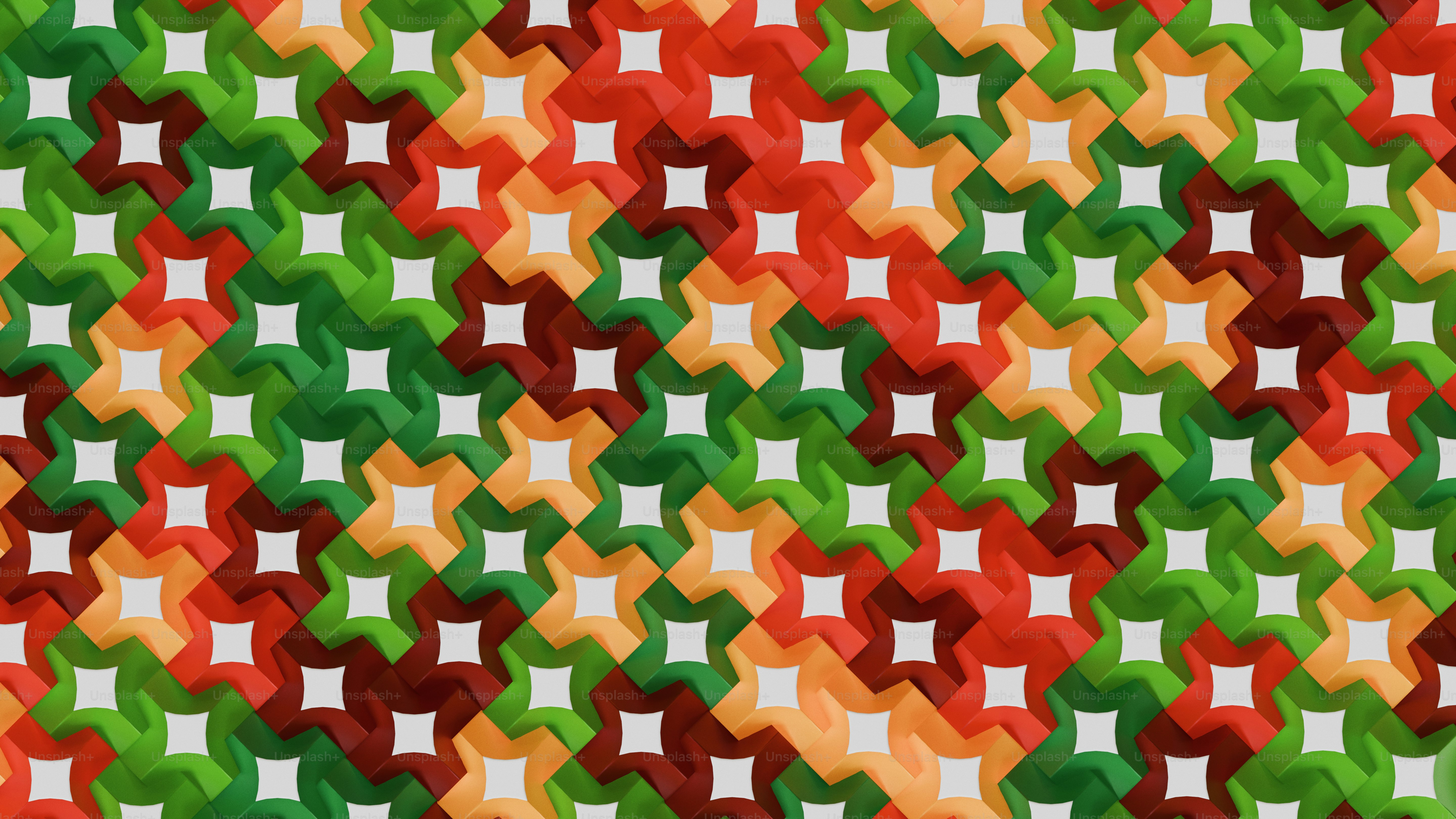 Abstract geometric pattern with red, green, and orange shapes