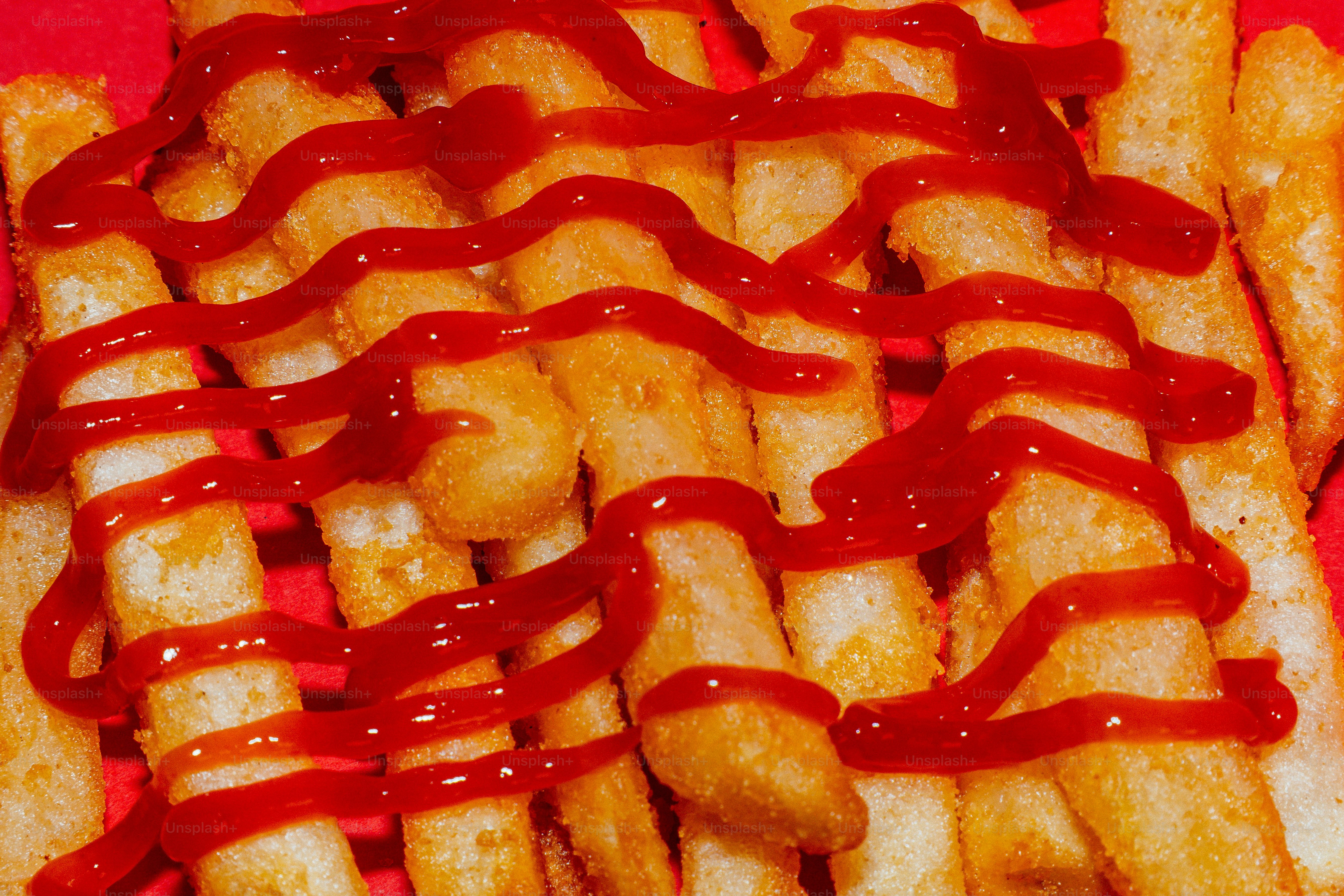 Pommes frites, mit Ketchup auf rotem Hintergrund überzogen,