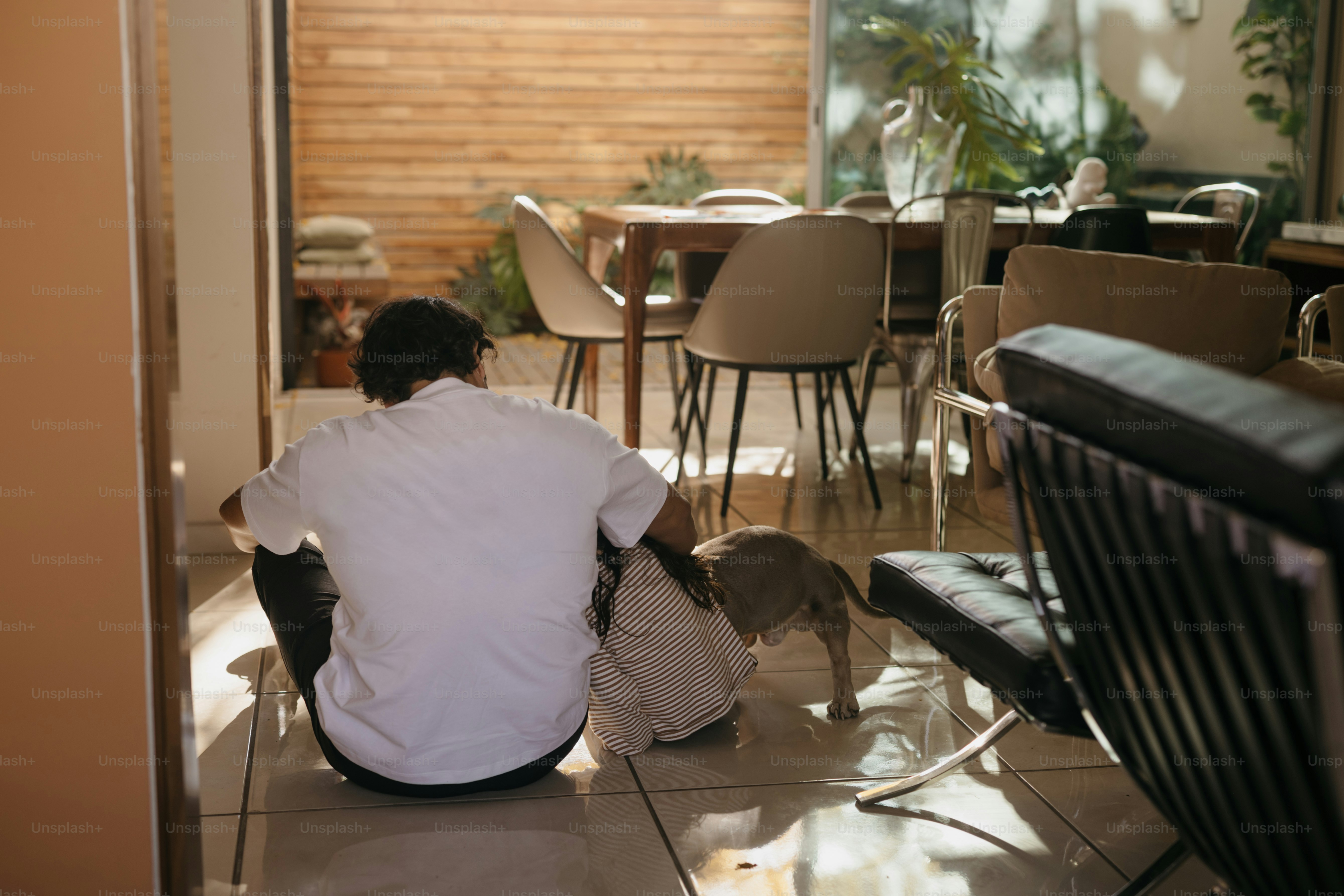 Uomo e cane seduti per terra in una stanza illuminata dal sole.