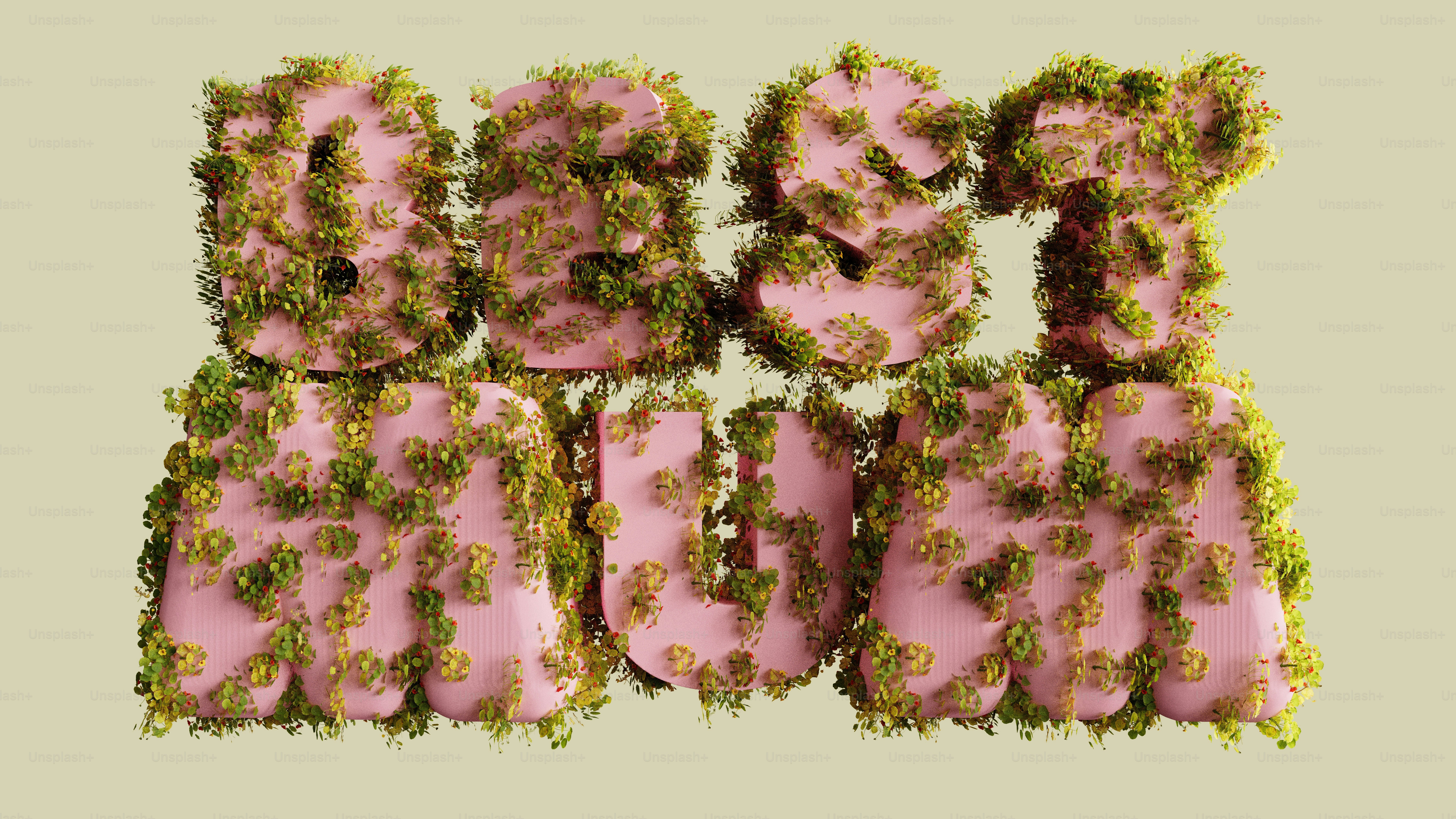 Letras rosas que deletrean "best mum" cubiertas de musgo.