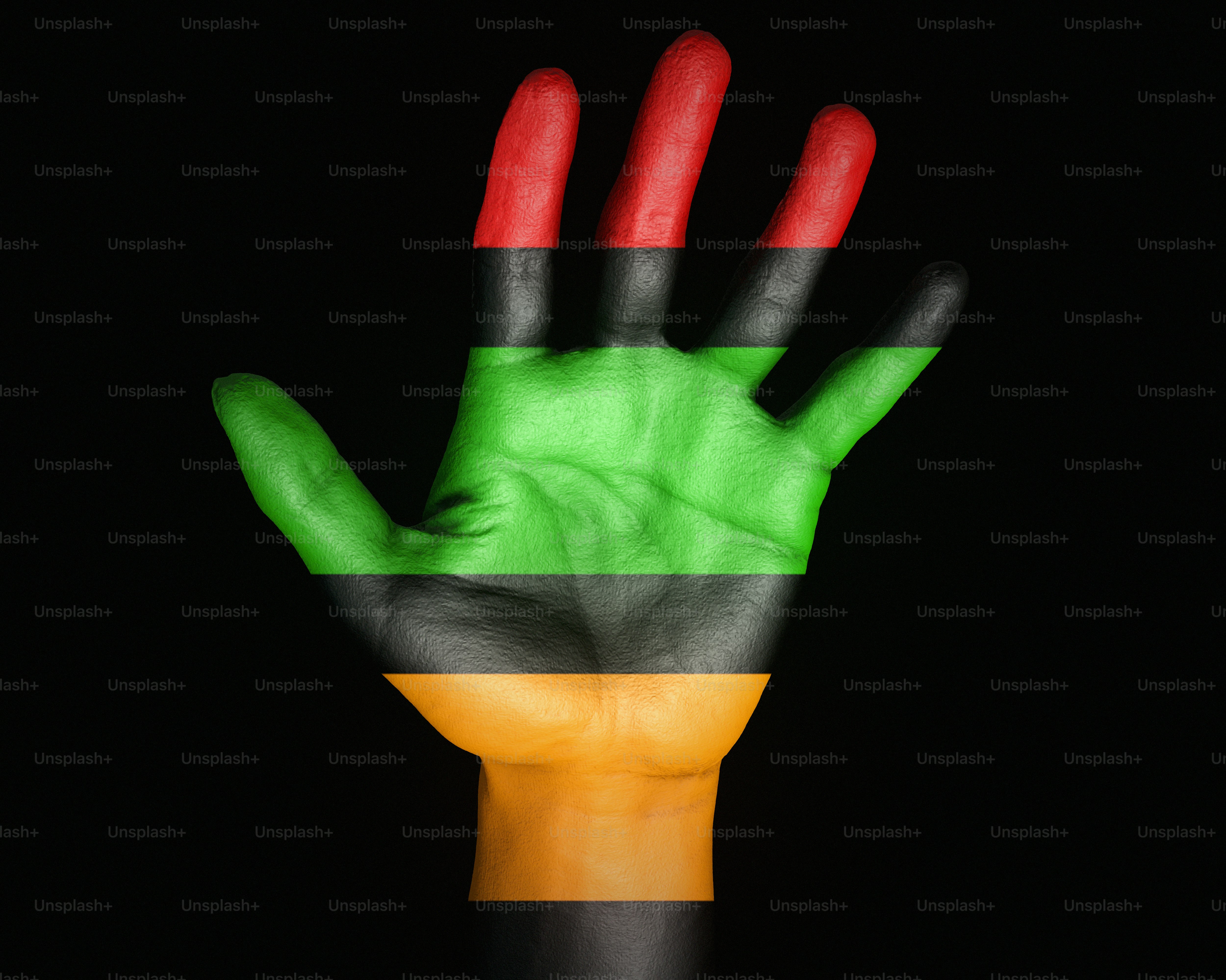 Hand painted with stripes of red, green, black, and orange.